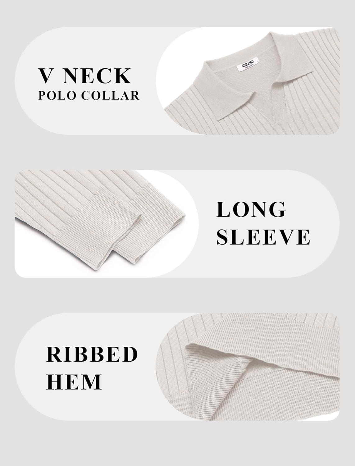 imageCOOFANDY Mens Knit Polos Long Sleeve Casual Sweater Polos V Neck Collared Sweater Golf Polo Sweaters and PulloversWhite