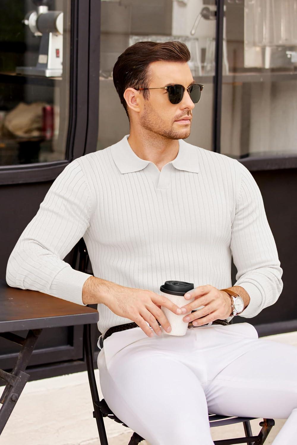 imageCOOFANDY Mens Knit Polos Long Sleeve Casual Sweater Polos V Neck Collared Sweater Golf Polo Sweaters and PulloversWhite
