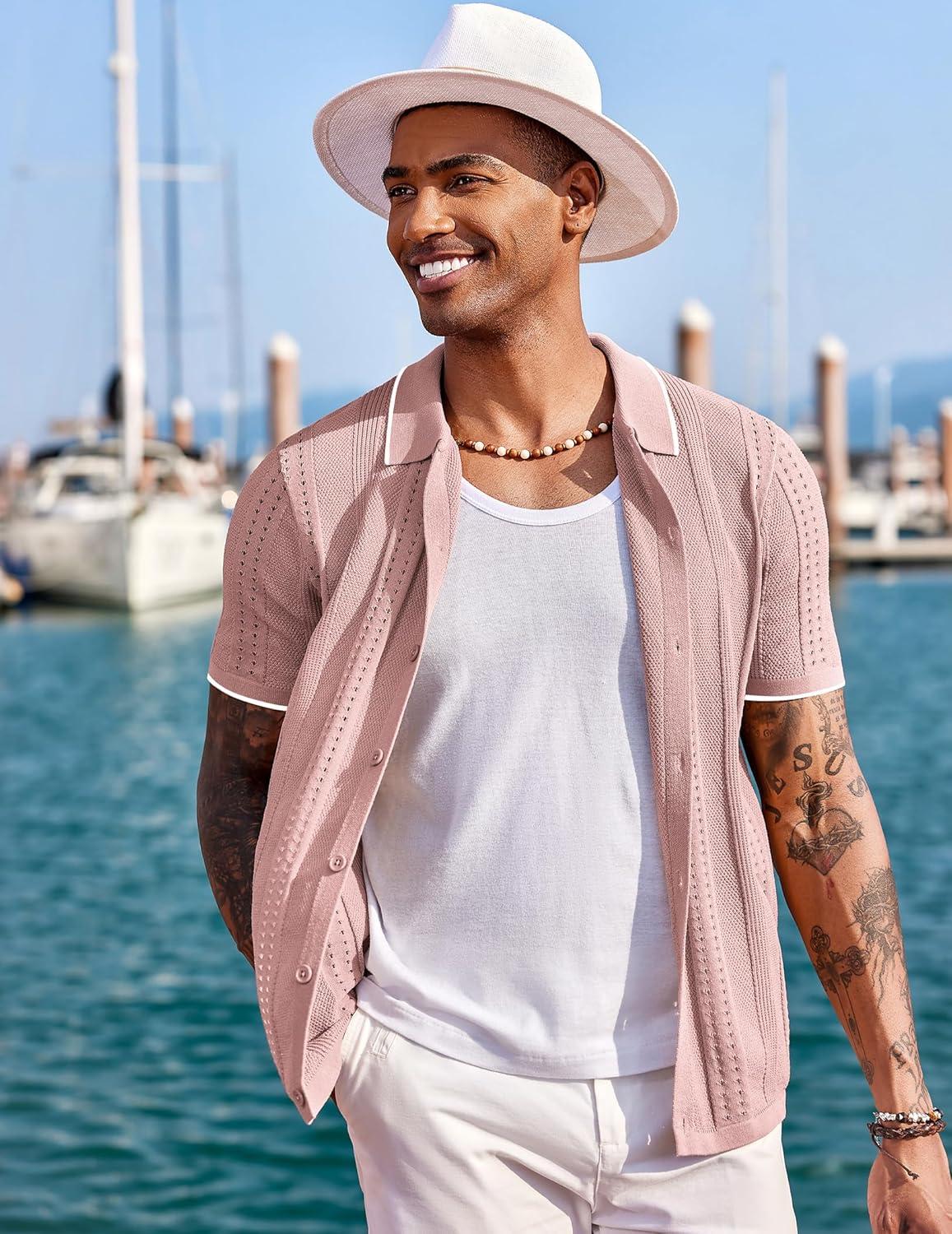 imageCOOFANDY Mens Knit Shirts Short Sleeve Button Down Polo Shirt Fashion Casual Summer Beach ShirtsClassic Dusty Pink  White