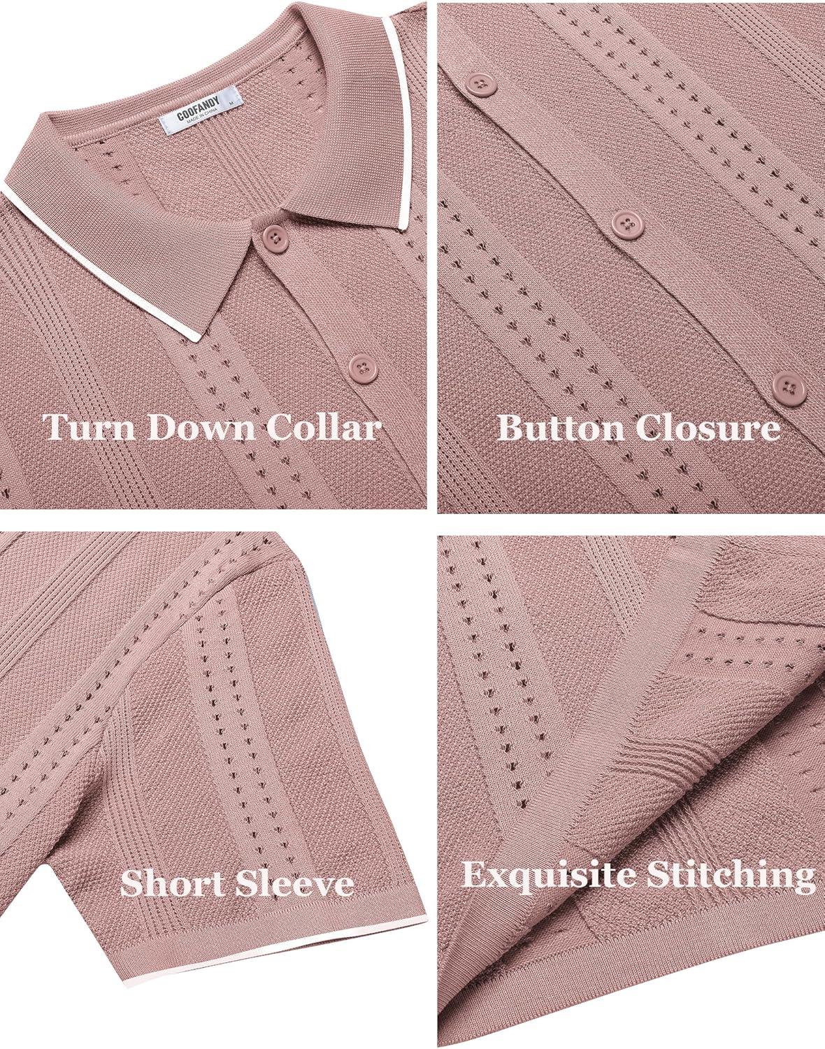 imageCOOFANDY Mens Knit Shirts Short Sleeve Button Down Polo Shirt Fashion Casual Summer Beach ShirtsClassic Dusty Pink  White