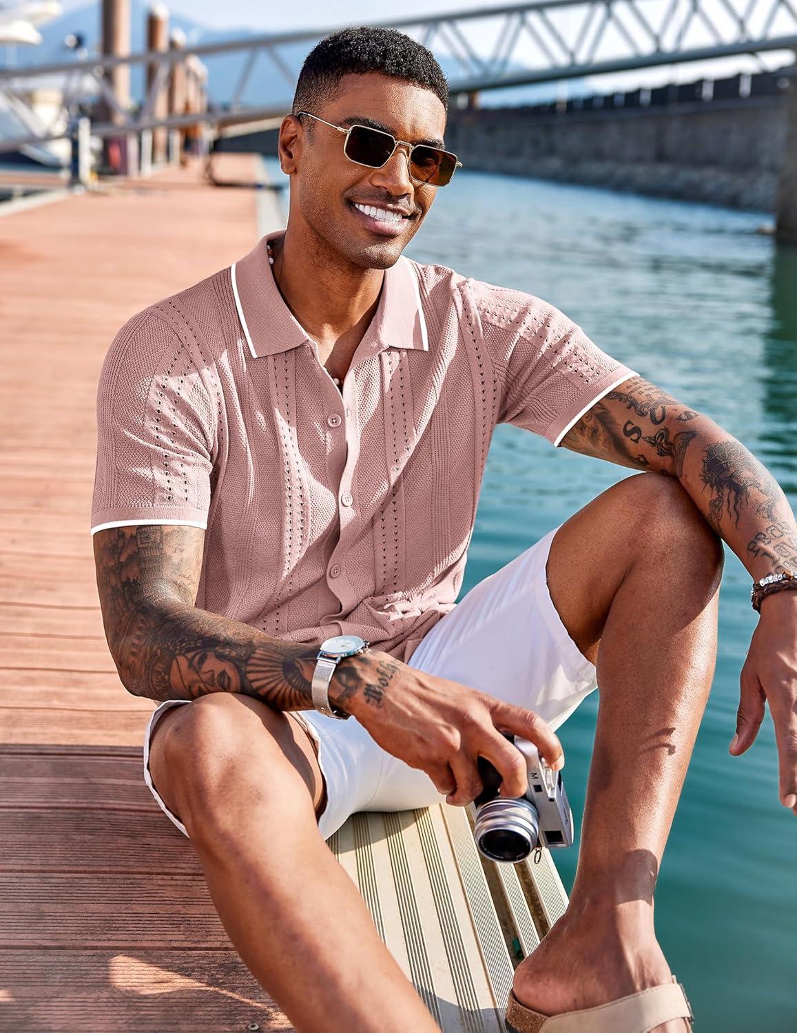 imageCOOFANDY Mens Knit Shirts Short Sleeve Button Down Polo Shirt Fashion Casual Summer Beach ShirtsClassic Dusty Pink  White