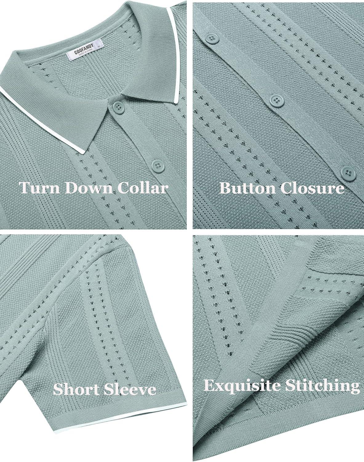 imageCOOFANDY Mens Knit Shirts Short Sleeve Button Down Polo Shirt Fashion Casual Summer Beach ShirtsClassic Ice Green  White