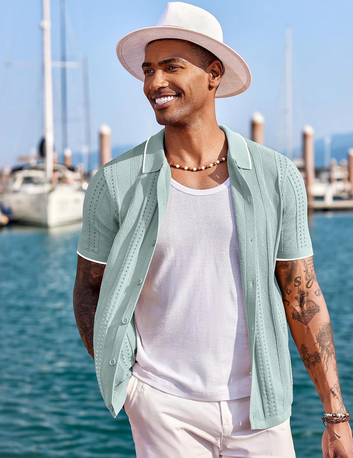 imageCOOFANDY Mens Knit Shirts Short Sleeve Button Down Polo Shirt Fashion Casual Summer Beach ShirtsClassic Ice Green  White
