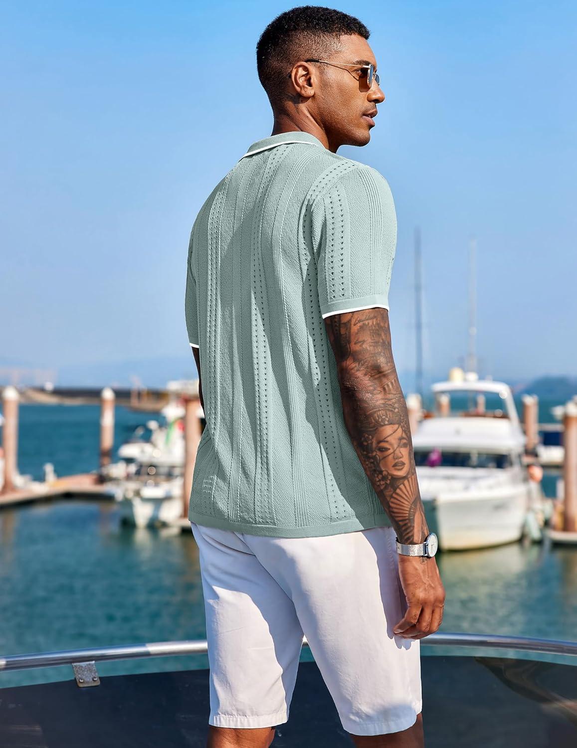 imageCOOFANDY Mens Knit Shirts Short Sleeve Button Down Polo Shirt Fashion Casual Summer Beach ShirtsClassic Ice Green  White