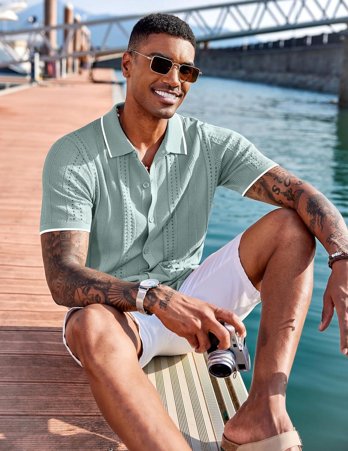 imageCOOFANDY Mens Knit Shirts Short Sleeve Button Down Polo Shirt Fashion Casual Summer Beach ShirtsClassic Ice Green  White