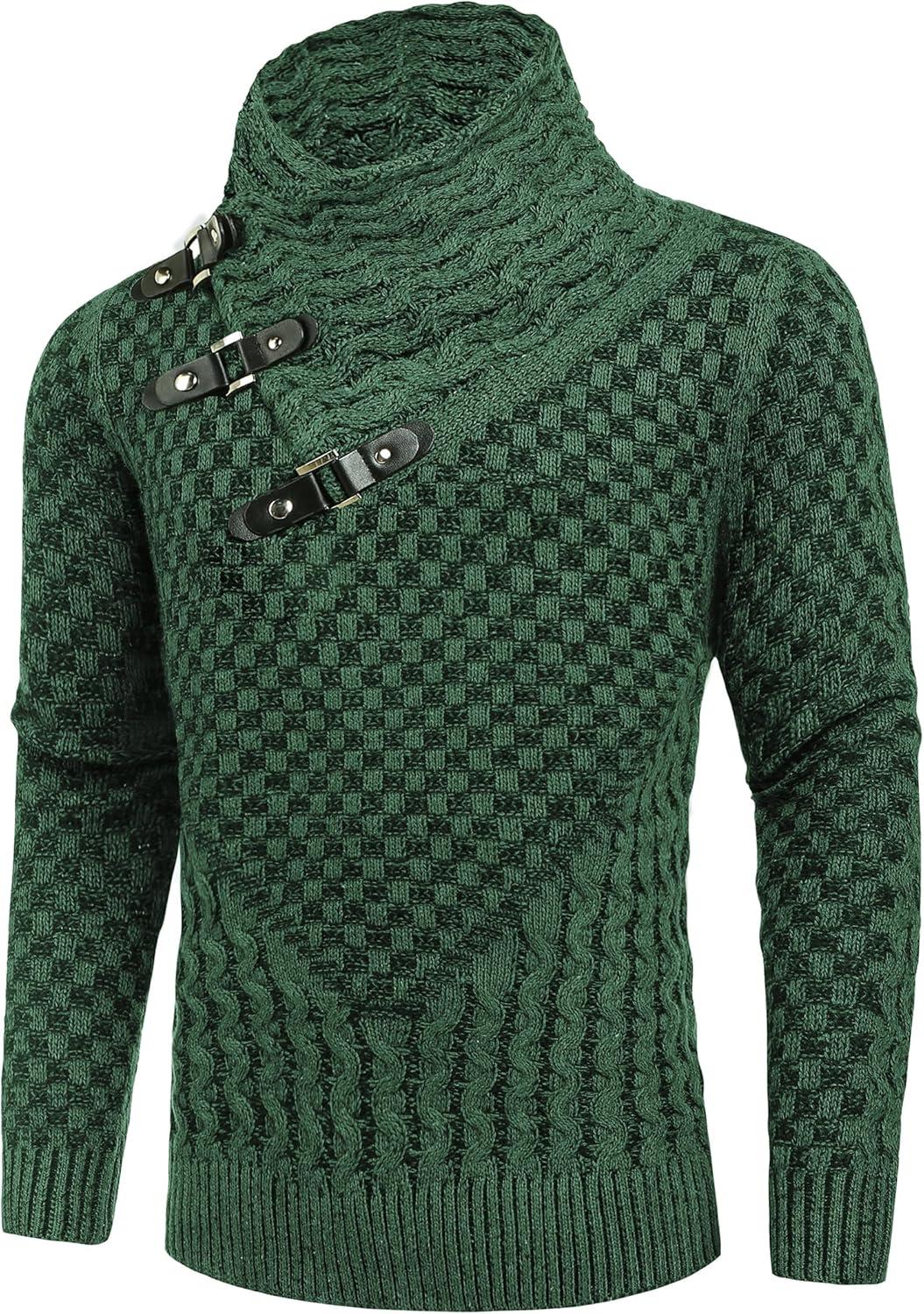 imageCOOFANDY Mens Knitted Turtleneck Sweater Long Sleeve Slim Fit Designer Shawl Collar PulloverA Green