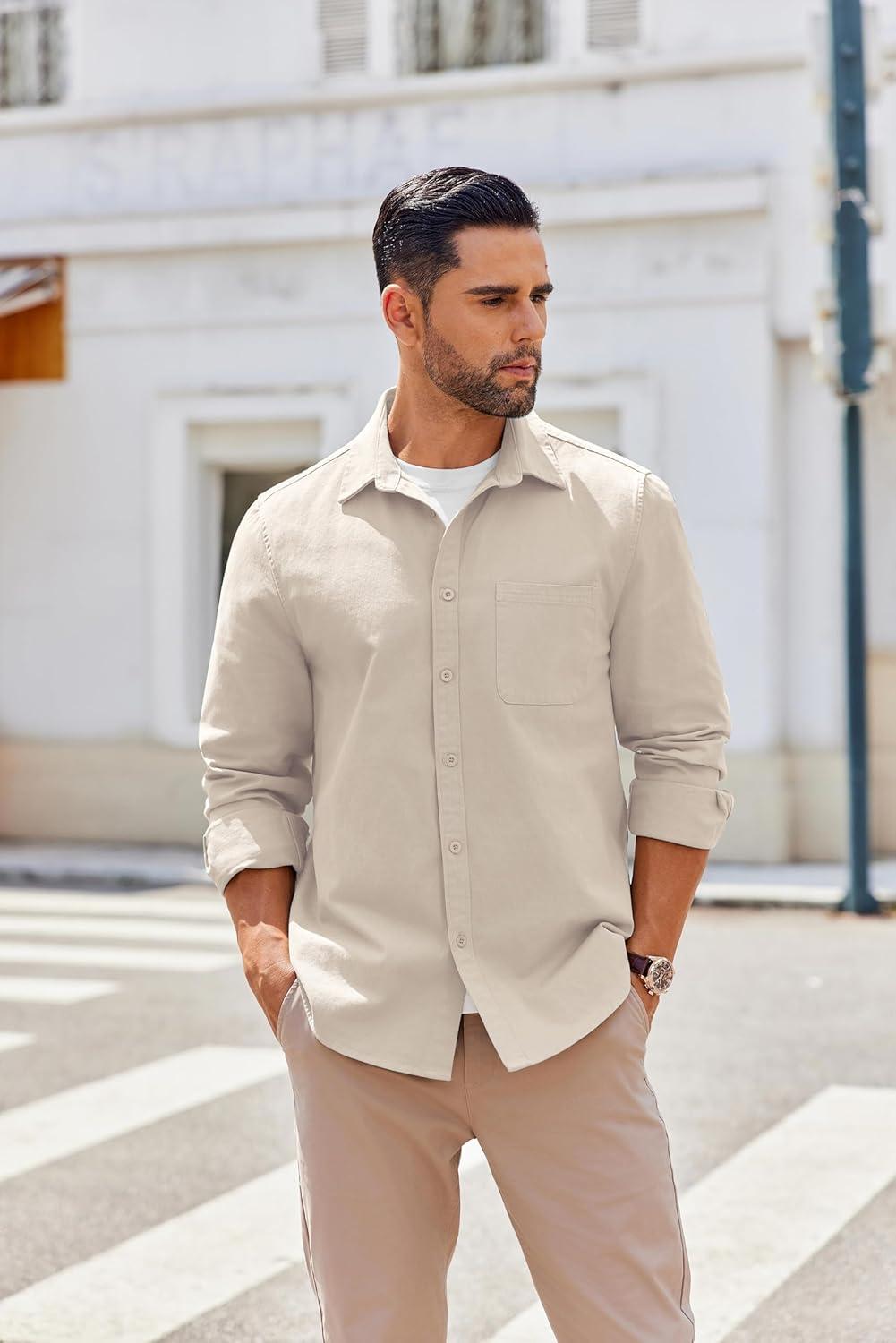 imageCOOFANDY Mens Lightweight Button Down Shirt Jacket Casual Shacket OvershirtBeige