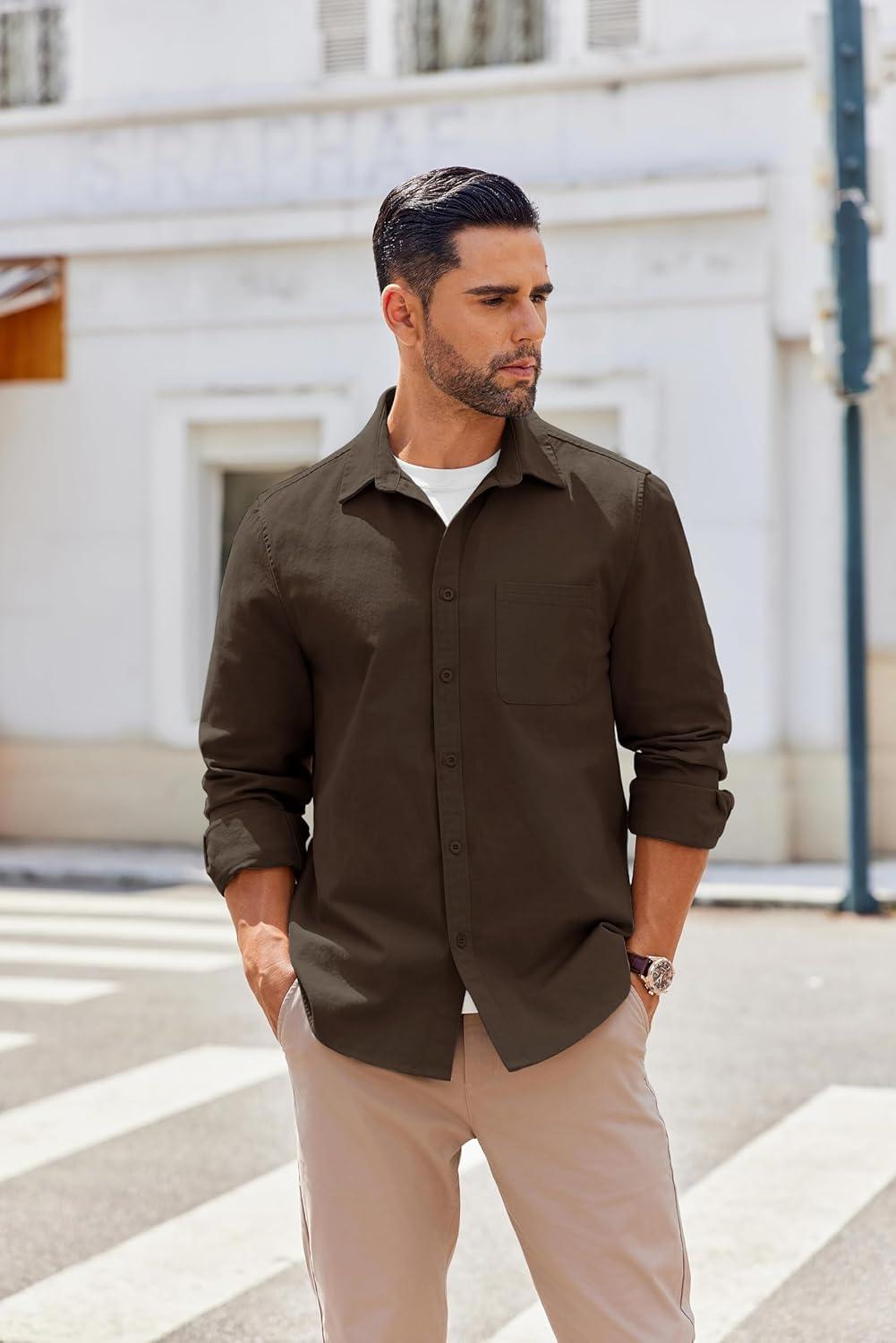 imageCOOFANDY Mens Lightweight Button Down Shirt Jacket Casual Shacket OvershirtDark Brown