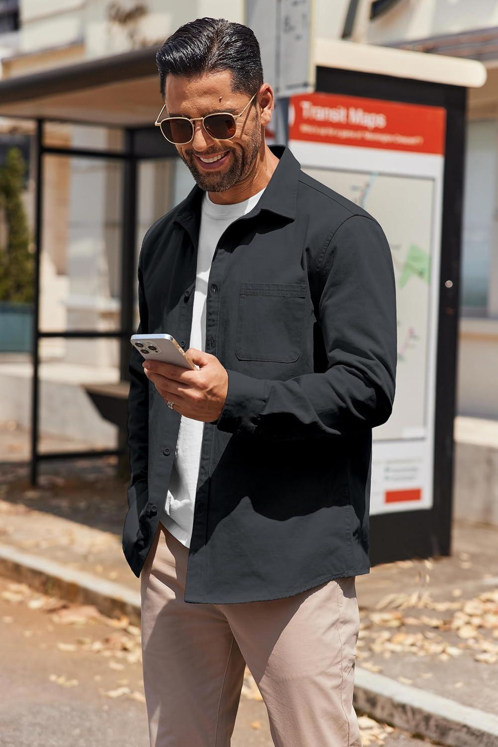imageCOOFANDY Mens Lightweight Button Down Shirt Jacket Casual Shacket OvershirtDark Gray