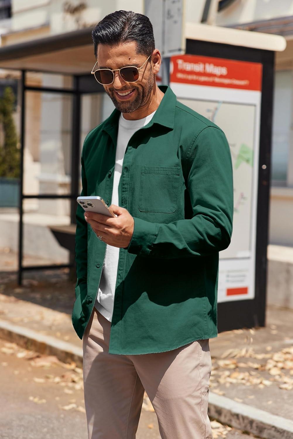 imageCOOFANDY Mens Lightweight Button Down Shirt Jacket Casual Shacket OvershirtGreen