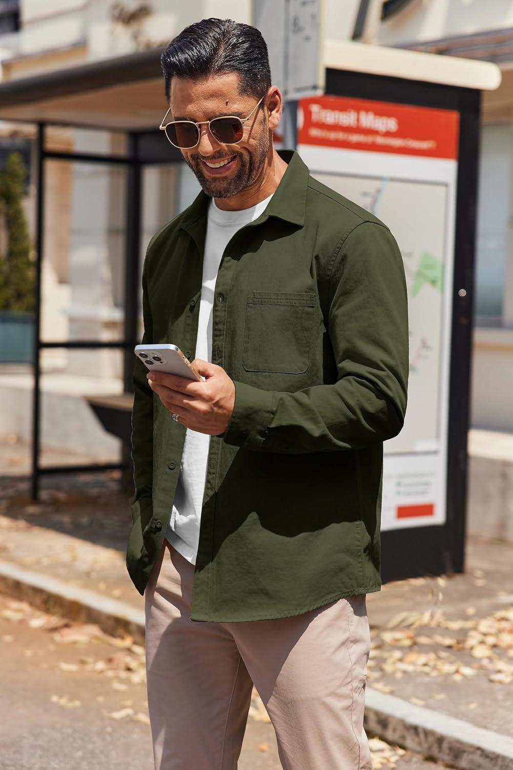 imageCOOFANDY Mens Lightweight Button Down Shirt Jacket Casual Shacket OvershirtOlive Green