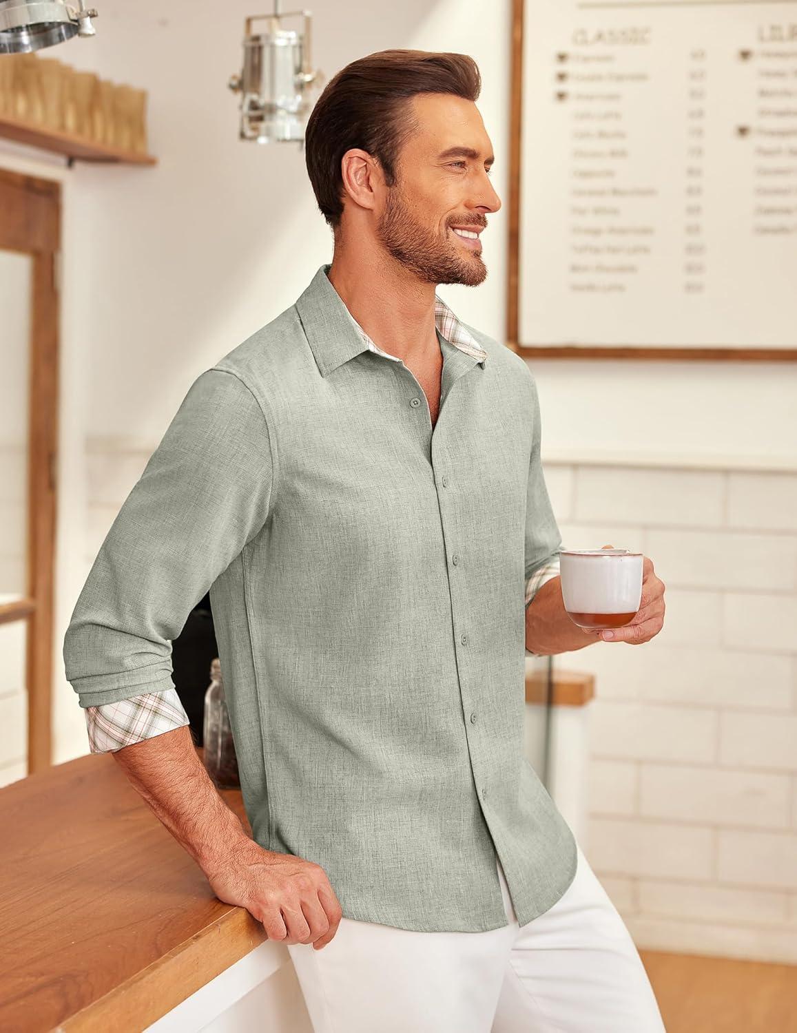 imageCOOFANDY Mens Long Sleeve Button Down Shirts Casual Untucked Shirt Regular Fit Dress ShirtAlight Green