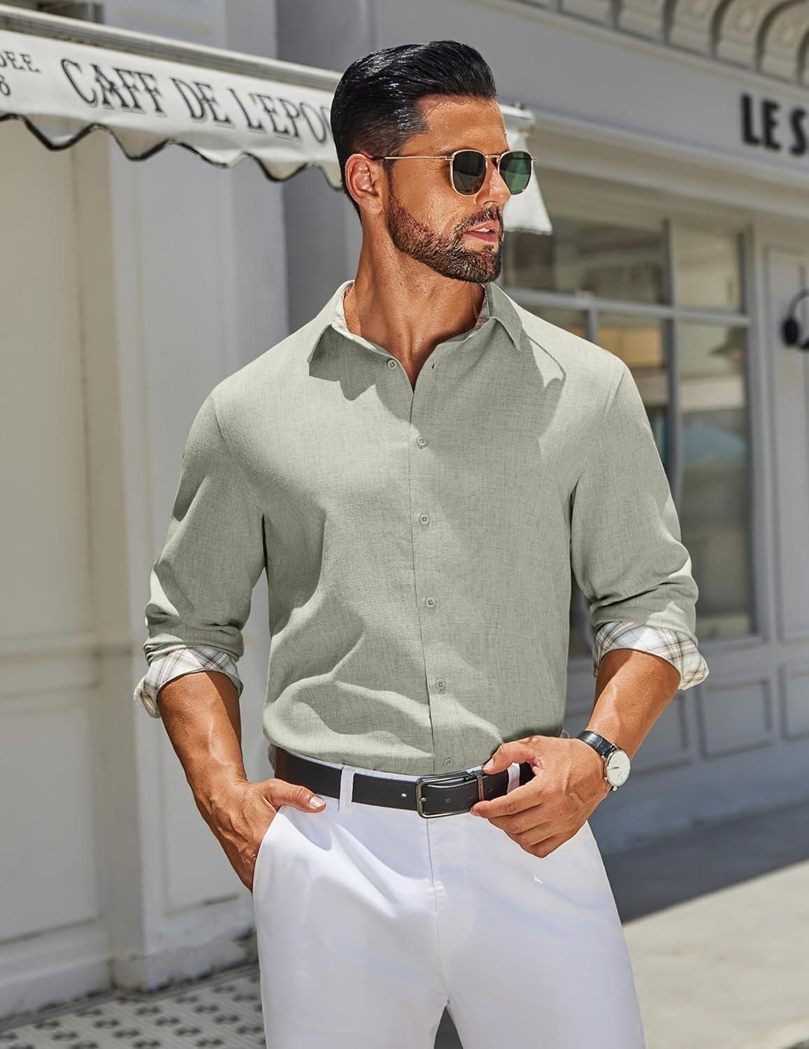 imageCOOFANDY Mens Long Sleeve Button Down Shirts Casual Untucked Shirt Regular Fit Dress ShirtAlight Green