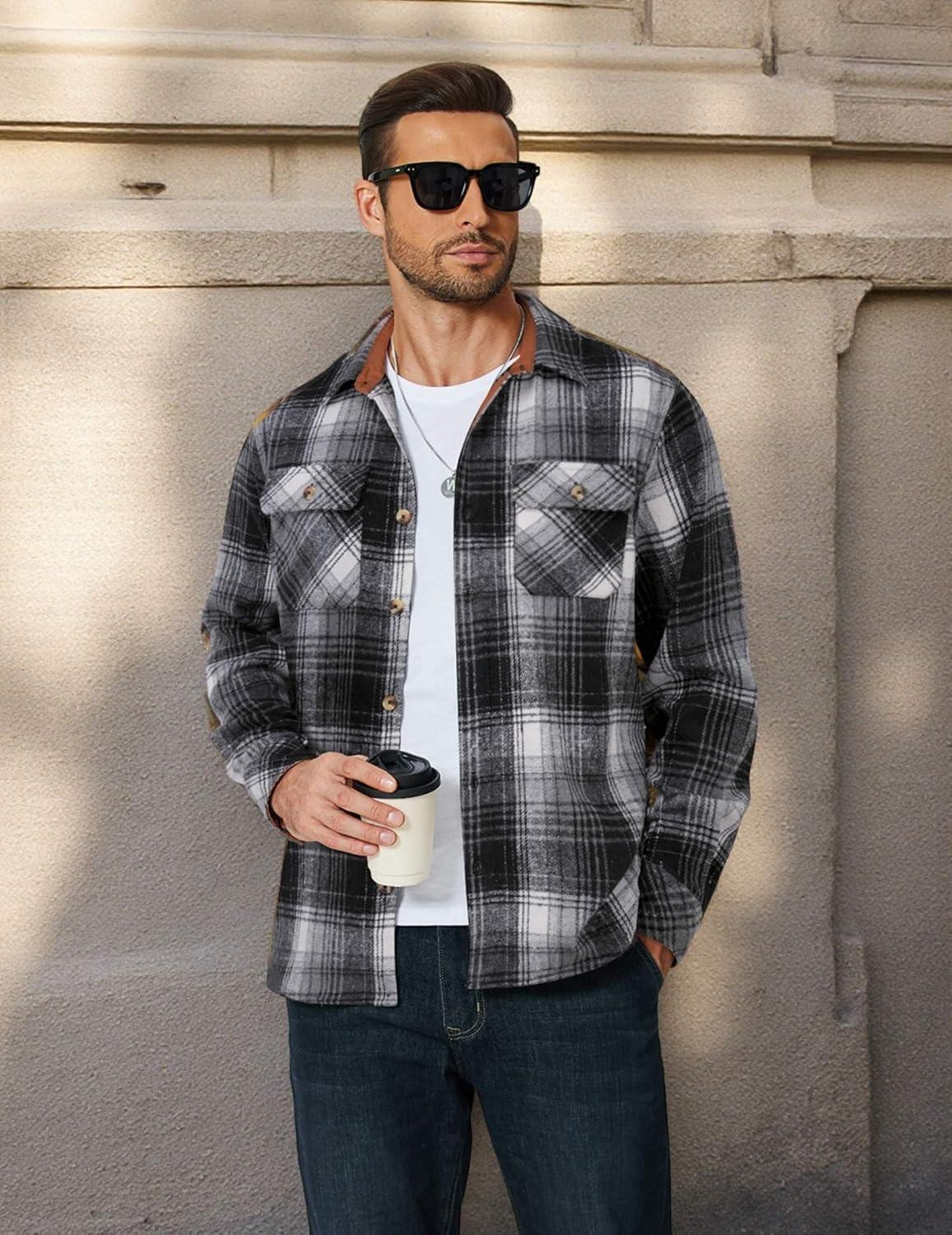 imageCOOFANDY Mens Long Sleeve Flannel Shirts Fashion Plaid Jacket Casual Button Down Shirt with PocketsBlack