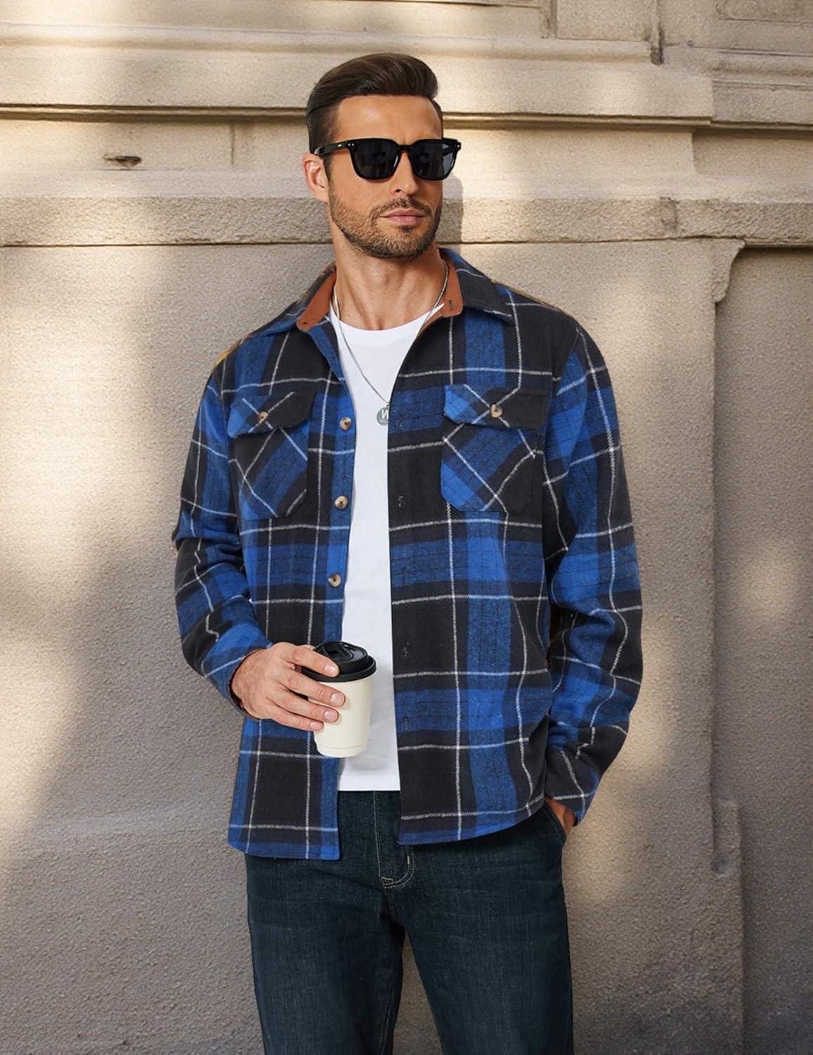 imageCOOFANDY Mens Long Sleeve Flannel Shirts Fashion Plaid Jacket Casual Button Down Shirt with PocketsBlack Blue