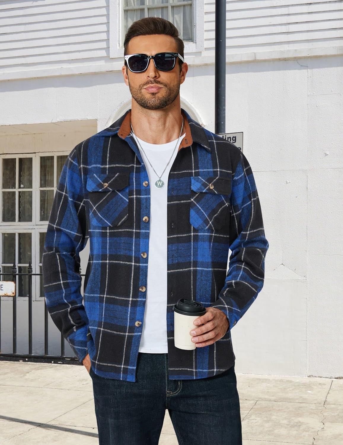 imageCOOFANDY Mens Long Sleeve Flannel Shirts Fashion Plaid Jacket Casual Button Down Shirt with PocketsBlack Blue