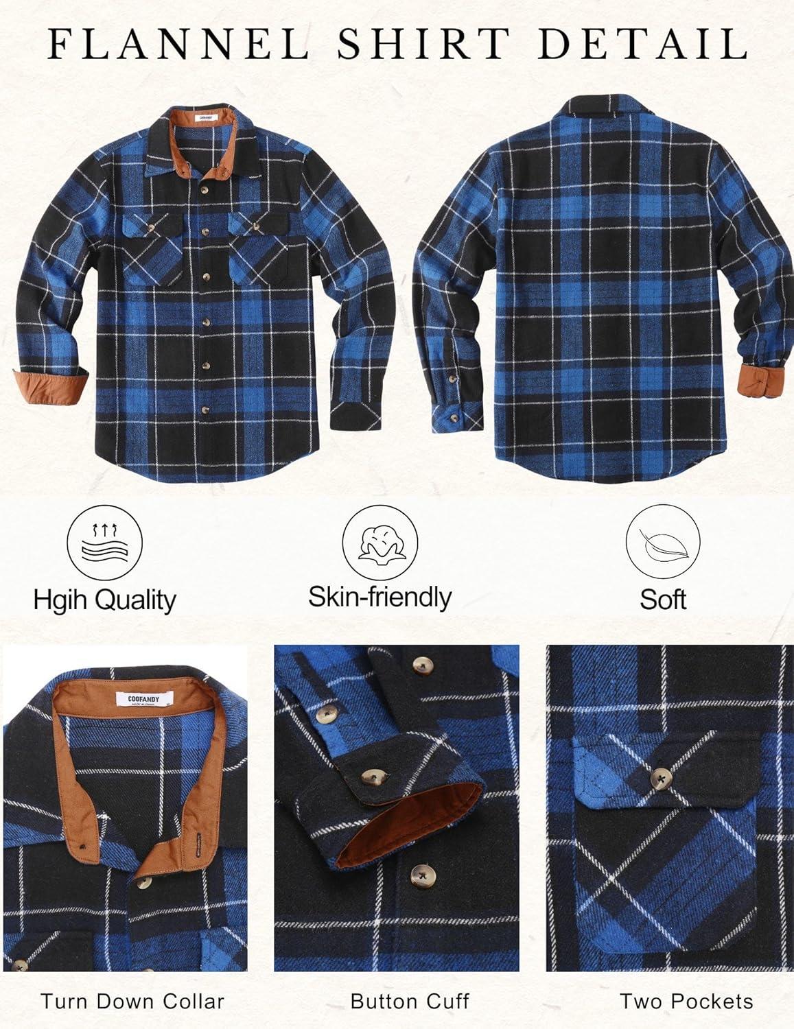 imageCOOFANDY Mens Long Sleeve Flannel Shirts Fashion Plaid Jacket Casual Button Down Shirt with PocketsBlack Blue