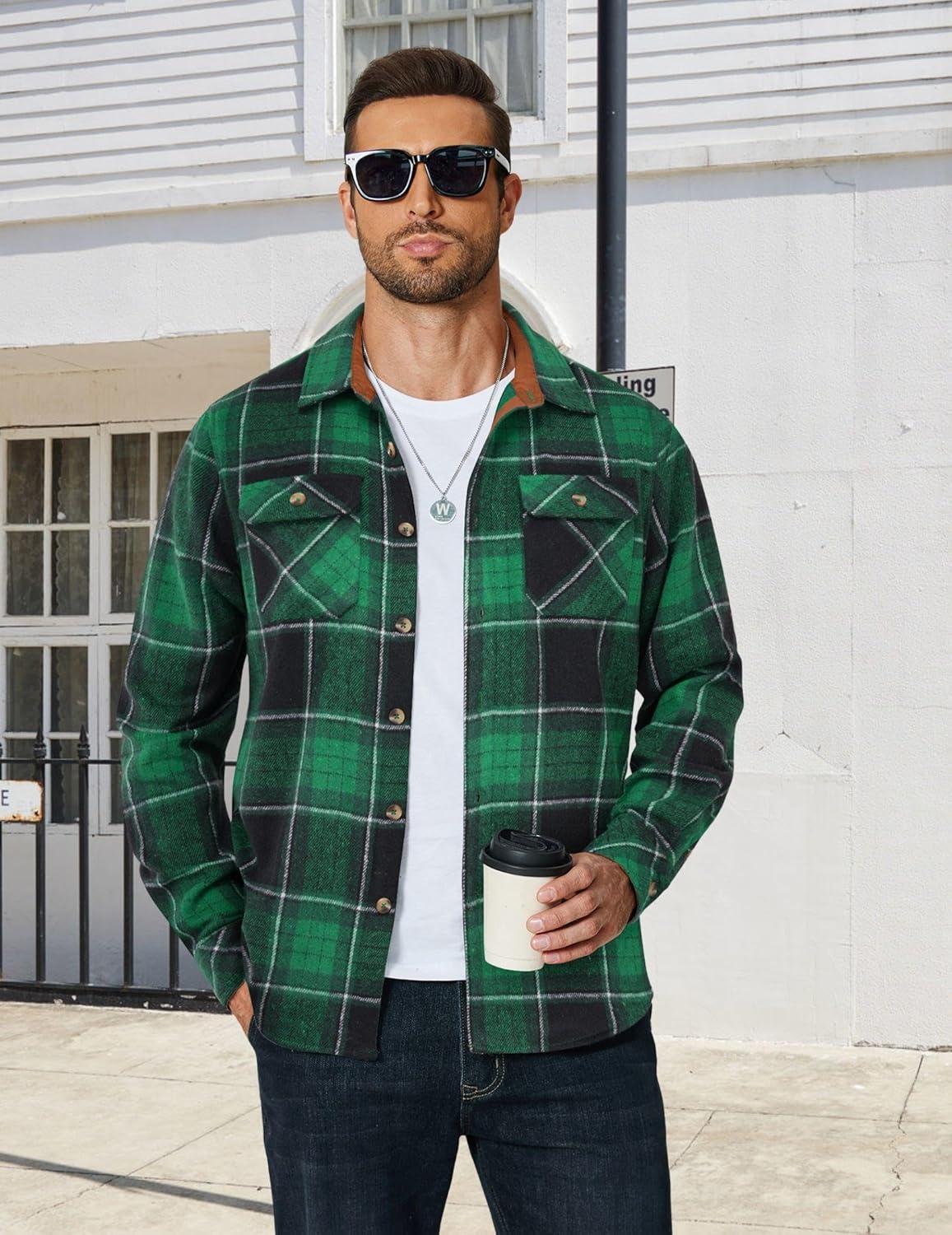 imageCOOFANDY Mens Long Sleeve Flannel Shirts Fashion Plaid Jacket Casual Button Down Shirt with PocketsBlack Green