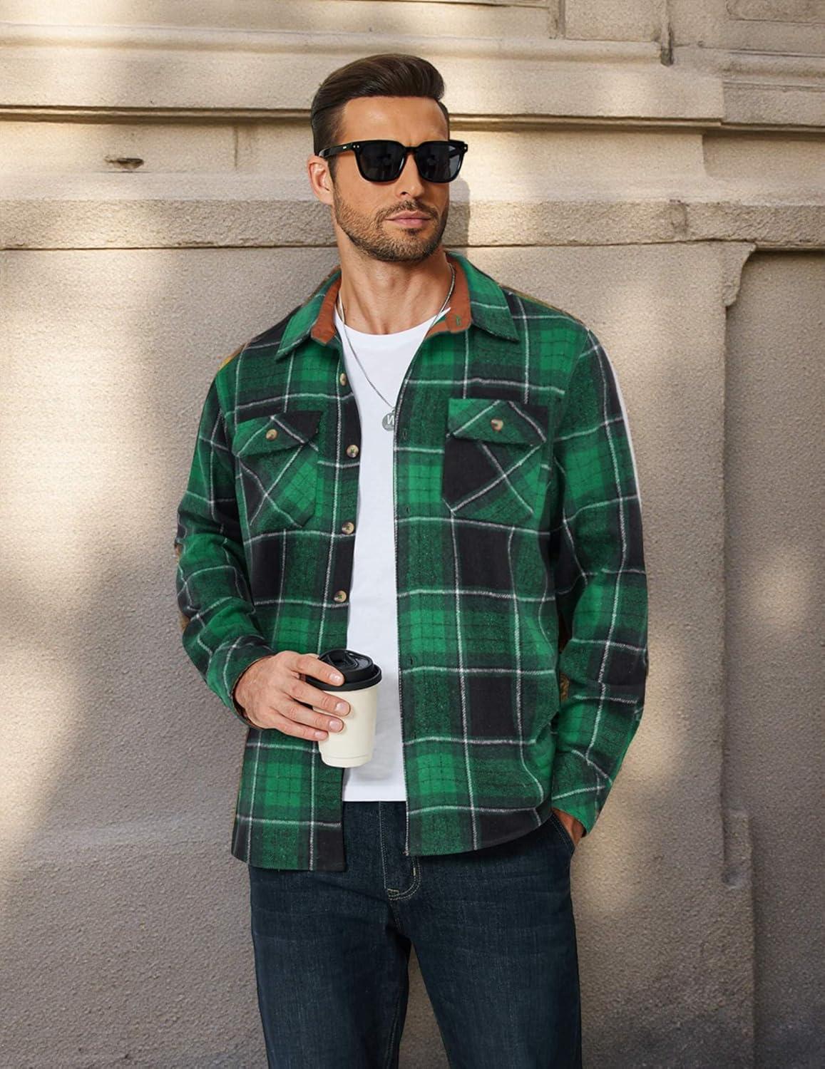 imageCOOFANDY Mens Long Sleeve Flannel Shirts Fashion Plaid Jacket Casual Button Down Shirt with PocketsBlack Green