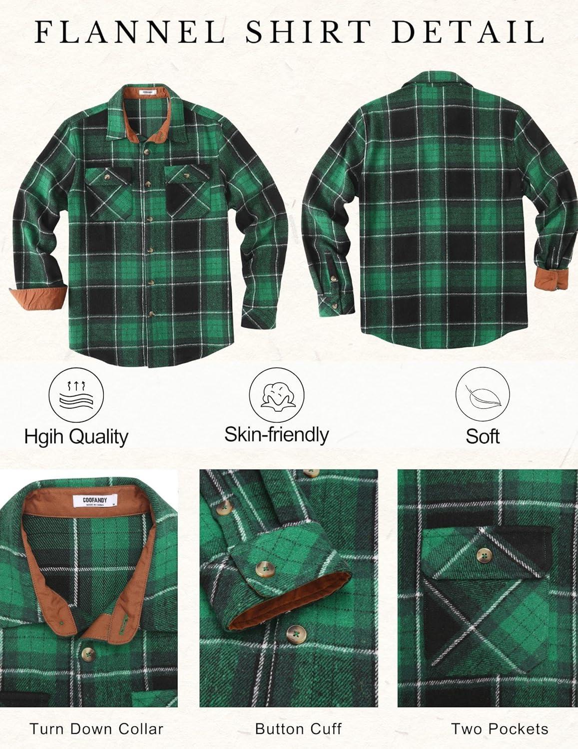 imageCOOFANDY Mens Long Sleeve Flannel Shirts Fashion Plaid Jacket Casual Button Down Shirt with PocketsBlack Green