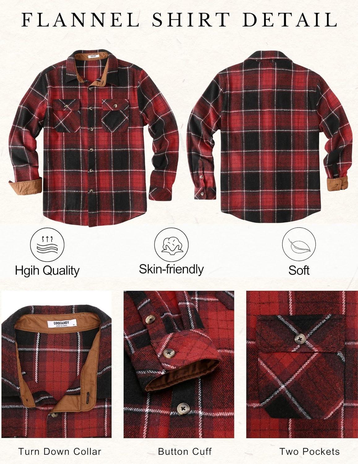 imageCOOFANDY Mens Long Sleeve Flannel Shirts Fashion Plaid Jacket Casual Button Down Shirt with PocketsBlack Red