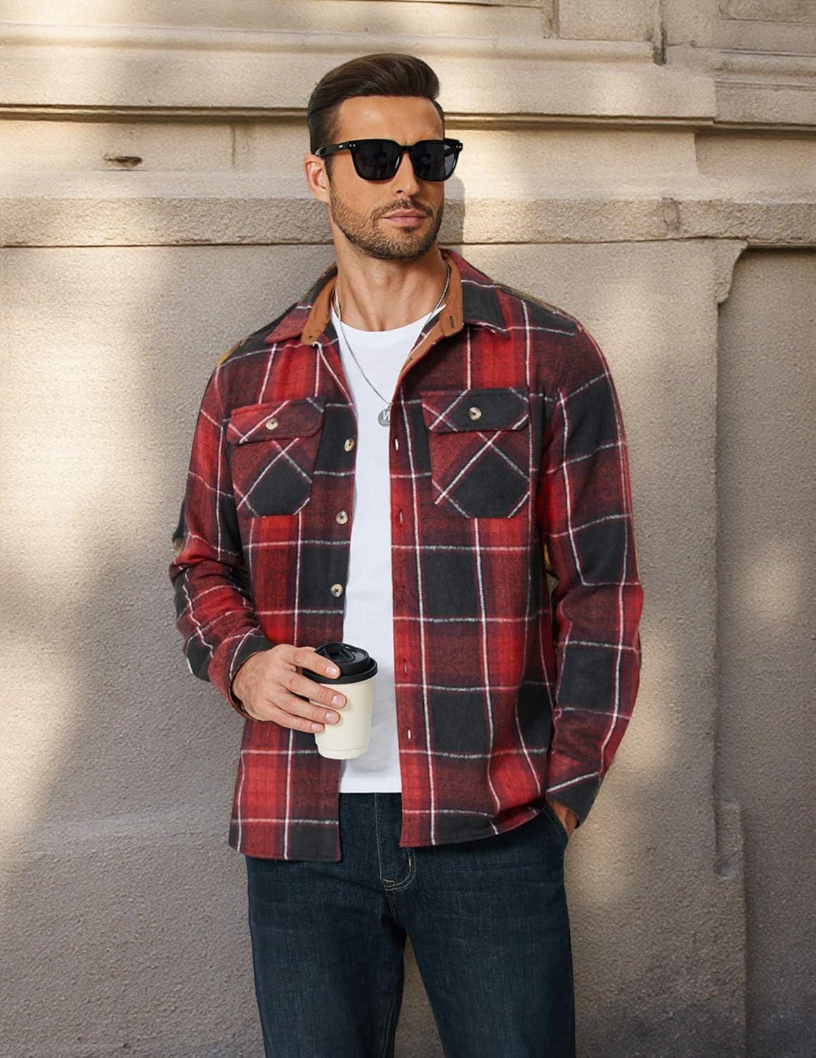 imageCOOFANDY Mens Long Sleeve Flannel Shirts Fashion Plaid Jacket Casual Button Down Shirt with PocketsBlack Red