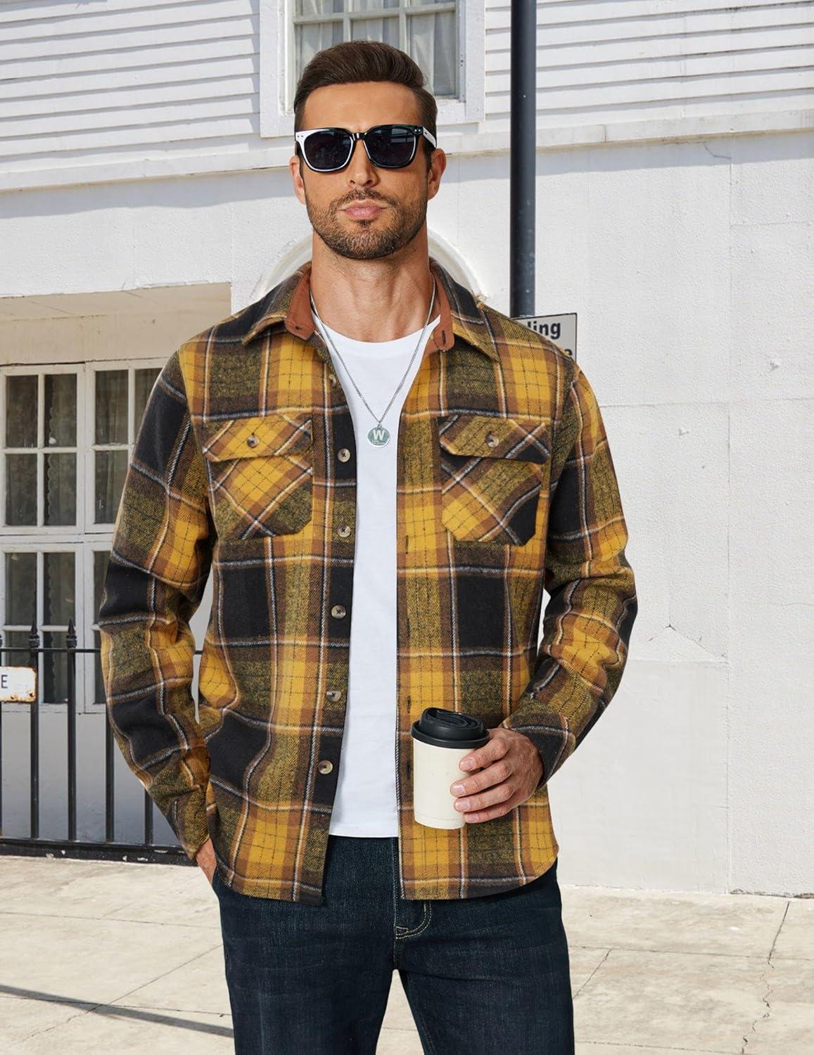 imageCOOFANDY Mens Long Sleeve Flannel Shirts Fashion Plaid Jacket Casual Button Down Shirt with PocketsBlack Yellow