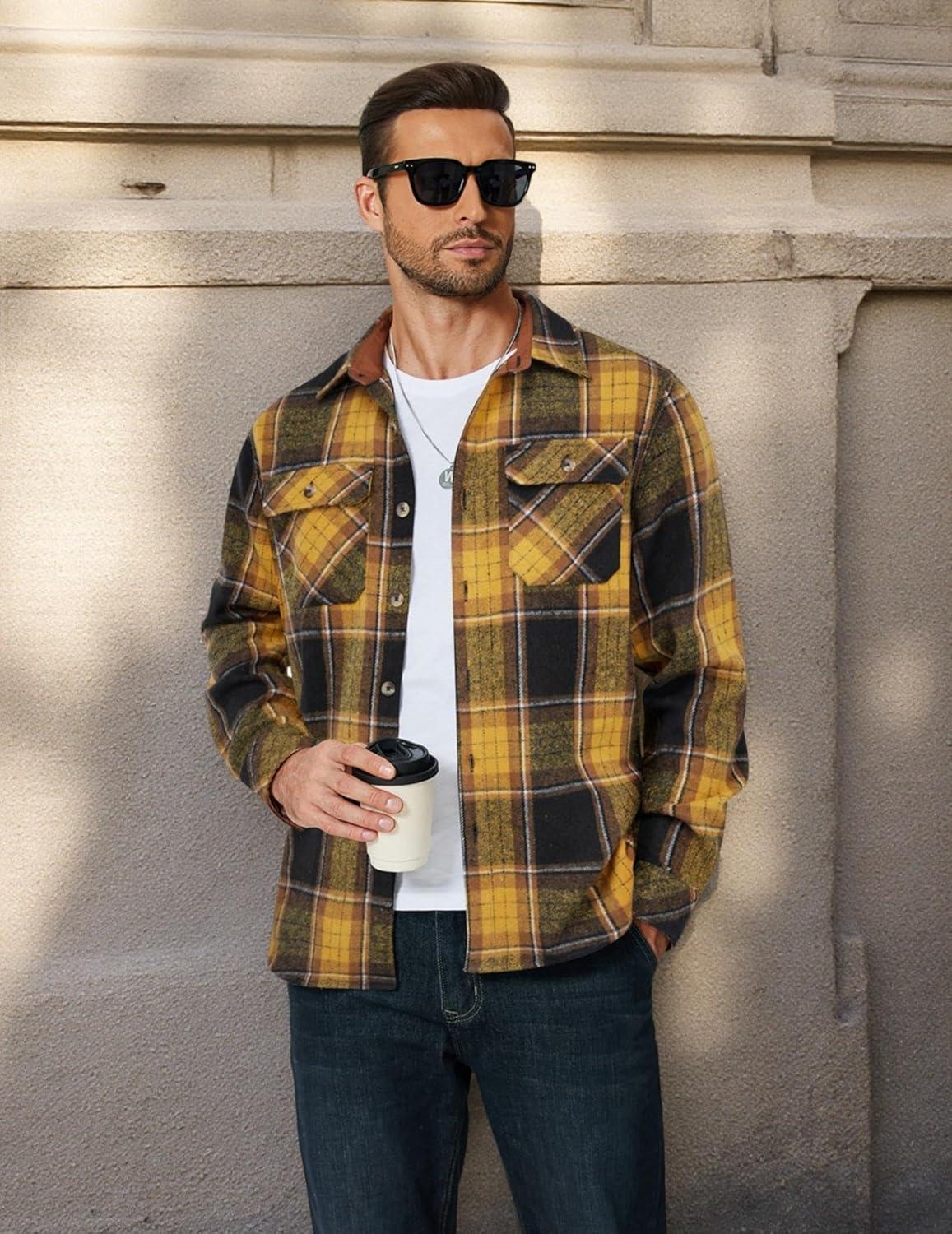 imageCOOFANDY Mens Long Sleeve Flannel Shirts Fashion Plaid Jacket Casual Button Down Shirt with PocketsBlack Yellow