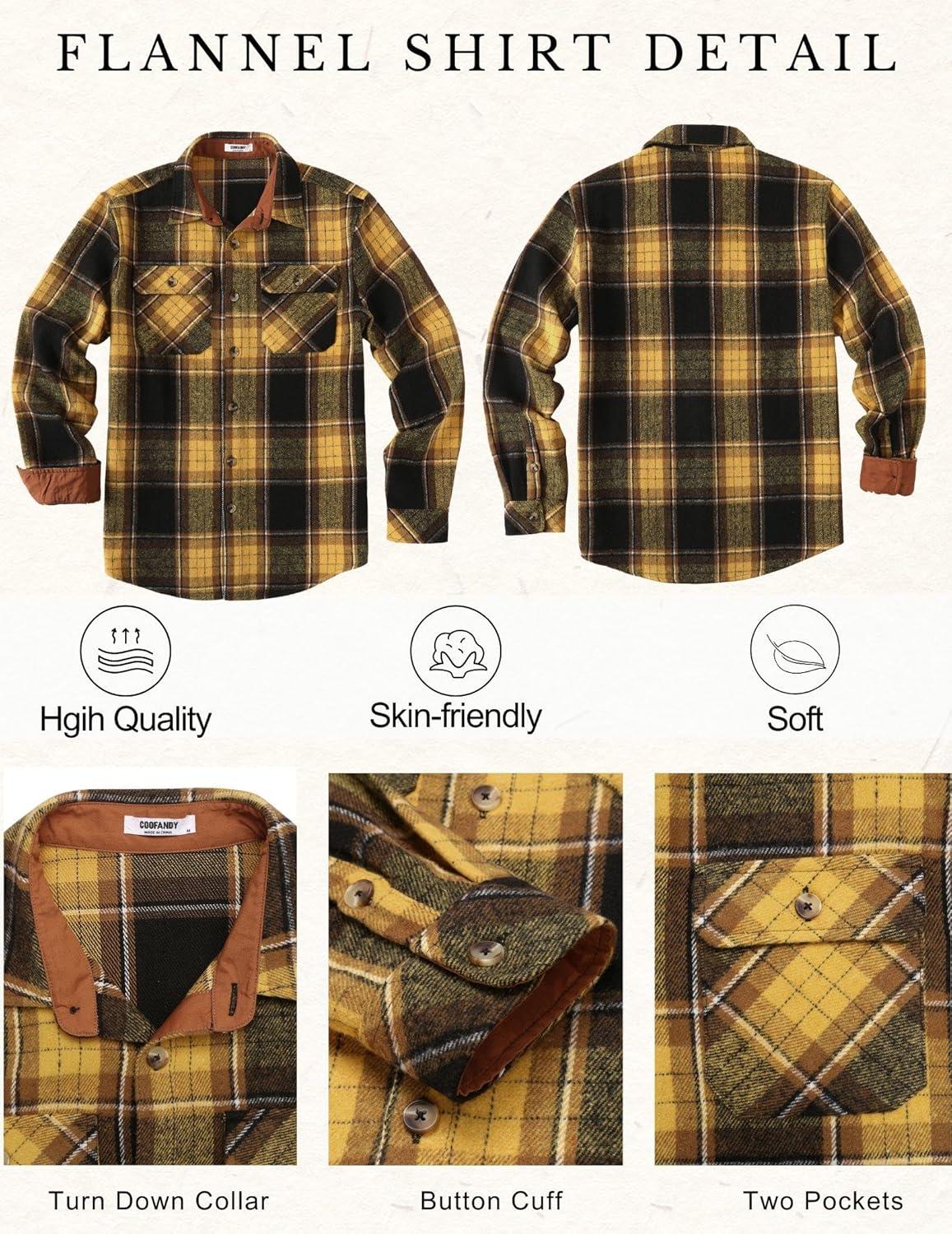 imageCOOFANDY Mens Long Sleeve Flannel Shirts Fashion Plaid Jacket Casual Button Down Shirt with PocketsBlack Yellow