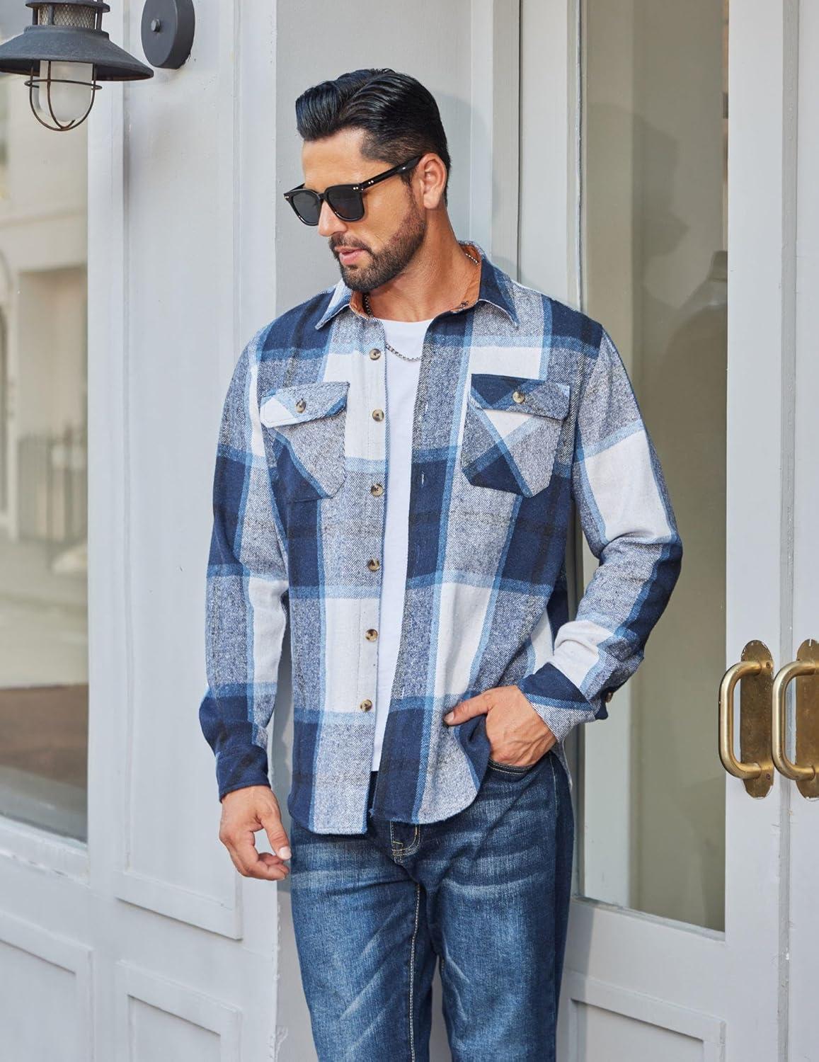 imageCOOFANDY Mens Long Sleeve Flannel Shirts Fashion Plaid Jacket Casual Button Down Shirt with PocketsBlue