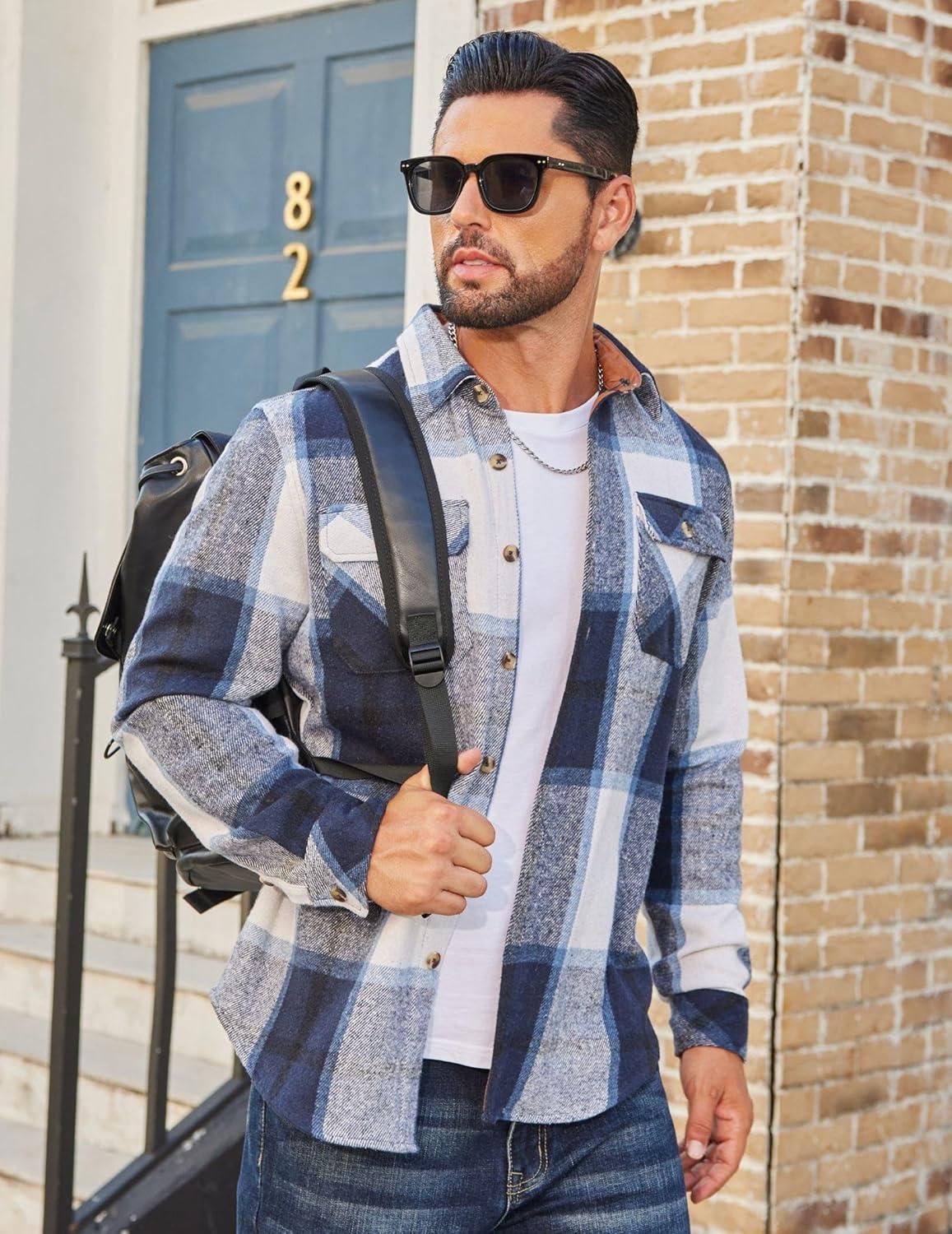 imageCOOFANDY Mens Long Sleeve Flannel Shirts Fashion Plaid Jacket Casual Button Down Shirt with PocketsBlue