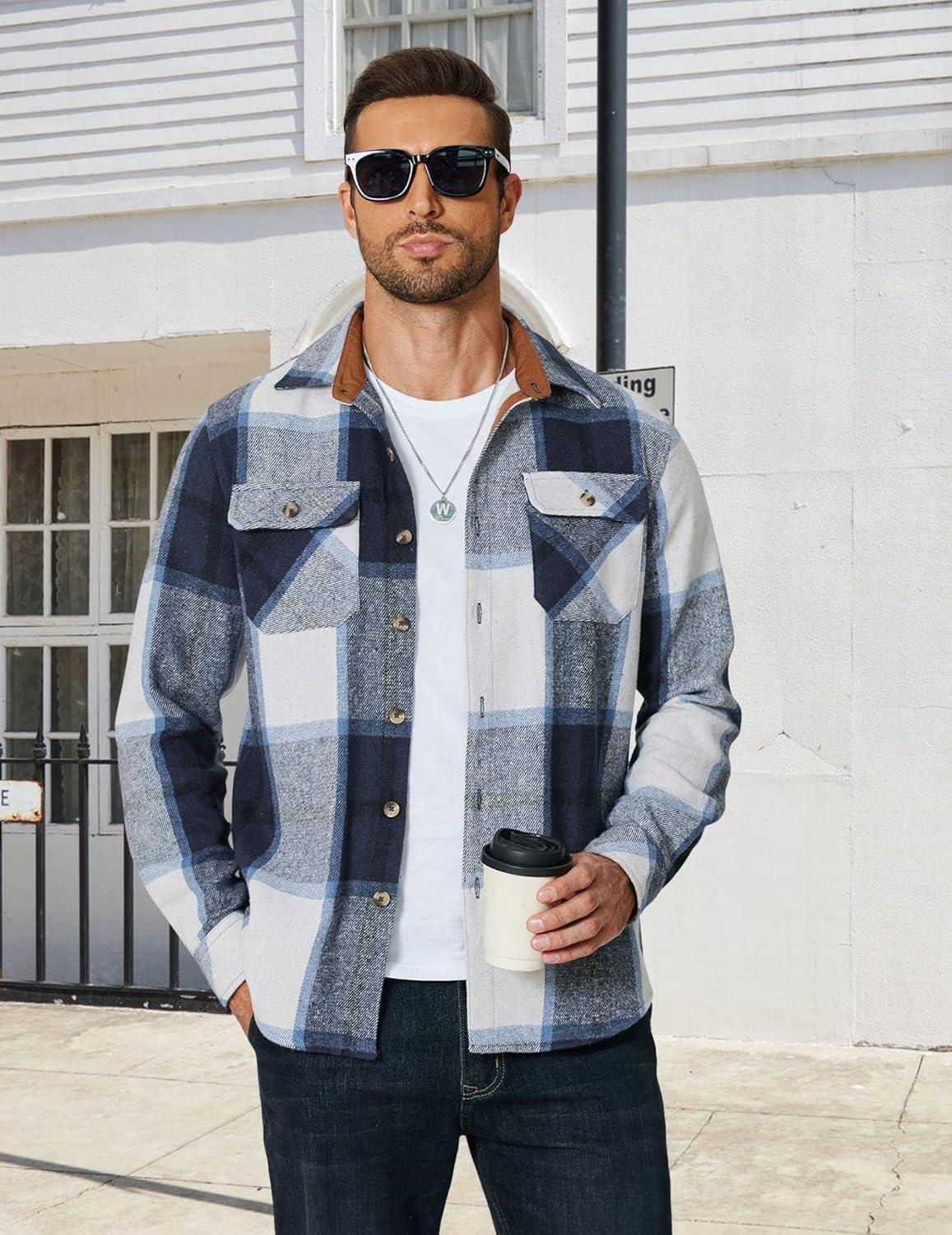 imageCOOFANDY Mens Long Sleeve Flannel Shirts Fashion Plaid Jacket Casual Button Down Shirt with PocketsBlue