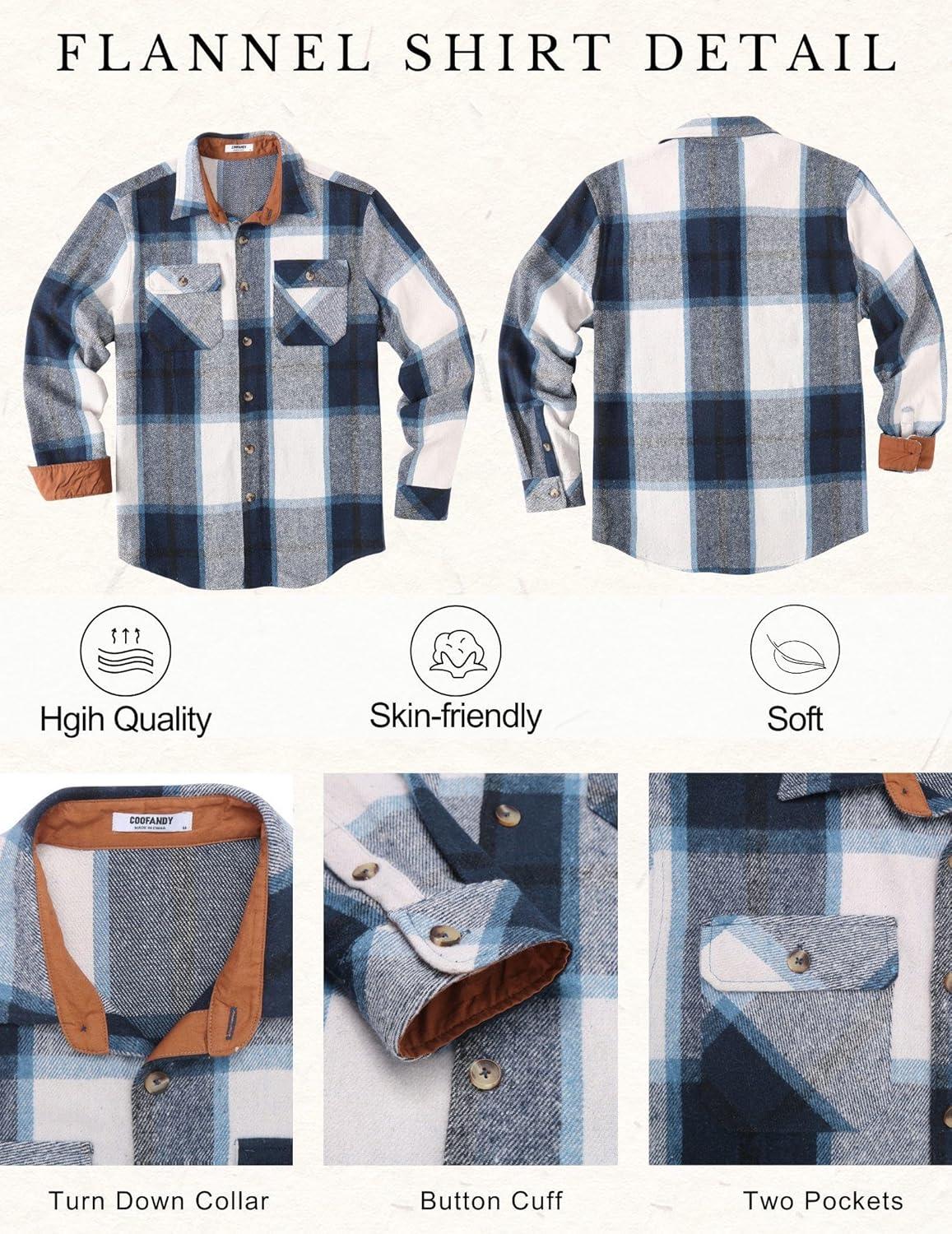 imageCOOFANDY Mens Long Sleeve Flannel Shirts Fashion Plaid Jacket Casual Button Down Shirt with PocketsBlue