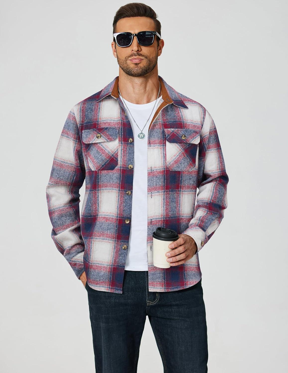 imageCOOFANDY Mens Long Sleeve Flannel Shirts Fashion Plaid Jacket Casual Button Down Shirt with PocketsBlue Redline