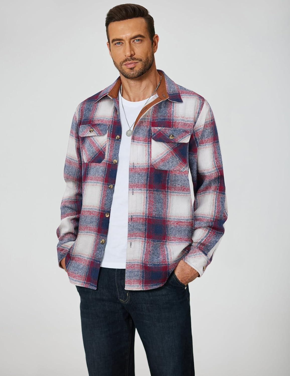 imageCOOFANDY Mens Long Sleeve Flannel Shirts Fashion Plaid Jacket Casual Button Down Shirt with PocketsBlue Redline