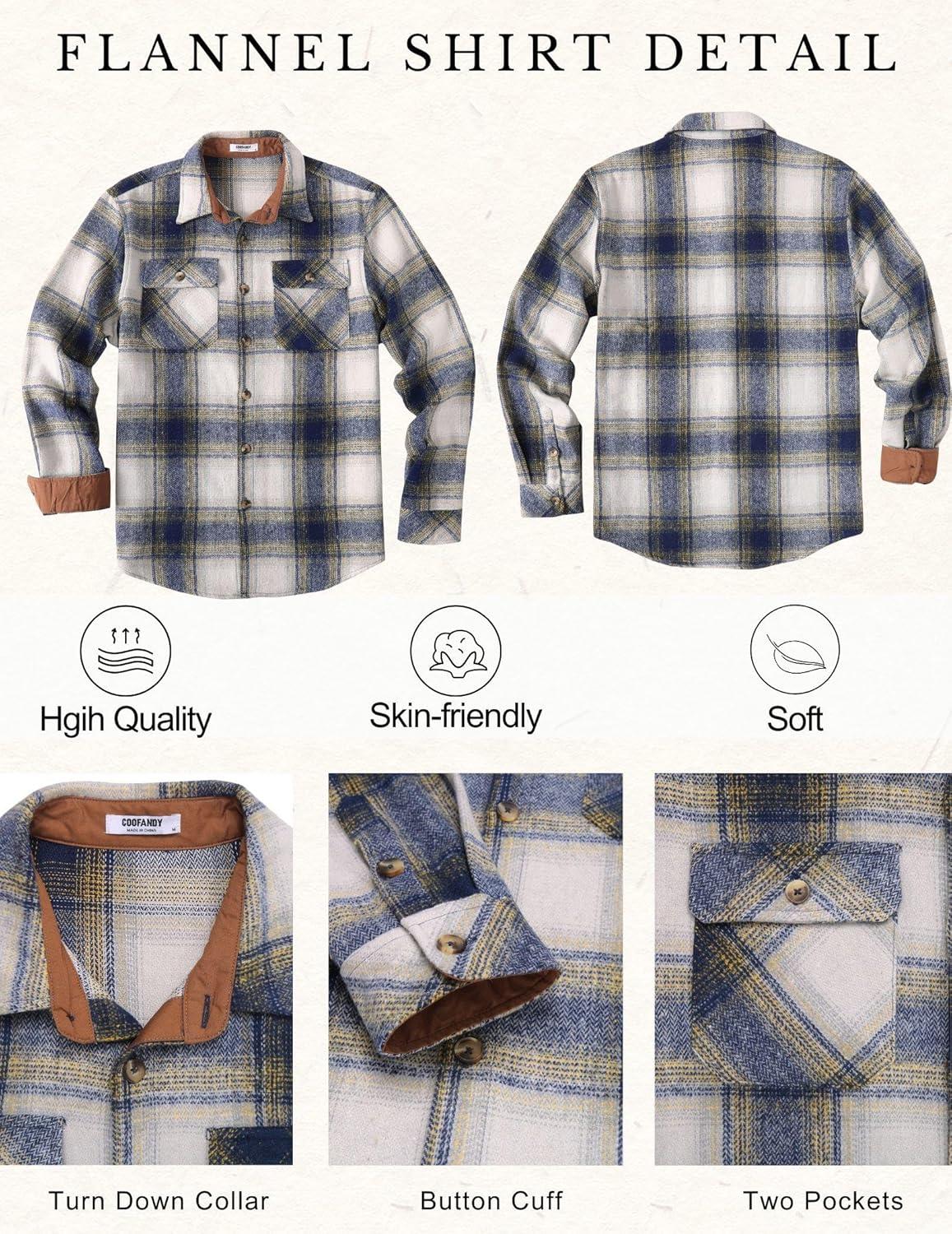 imageCOOFANDY Mens Long Sleeve Flannel Shirts Fashion Plaid Jacket Casual Button Down Shirt with PocketsBlue Yellowline