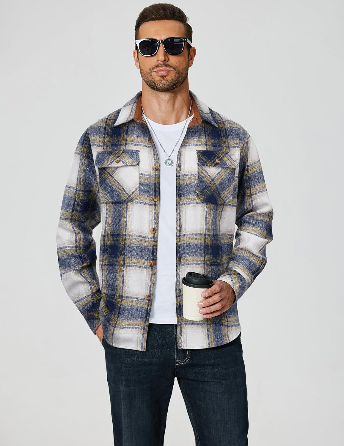 imageCOOFANDY Mens Long Sleeve Flannel Shirts Fashion Plaid Jacket Casual Button Down Shirt with PocketsBlue Yellowline