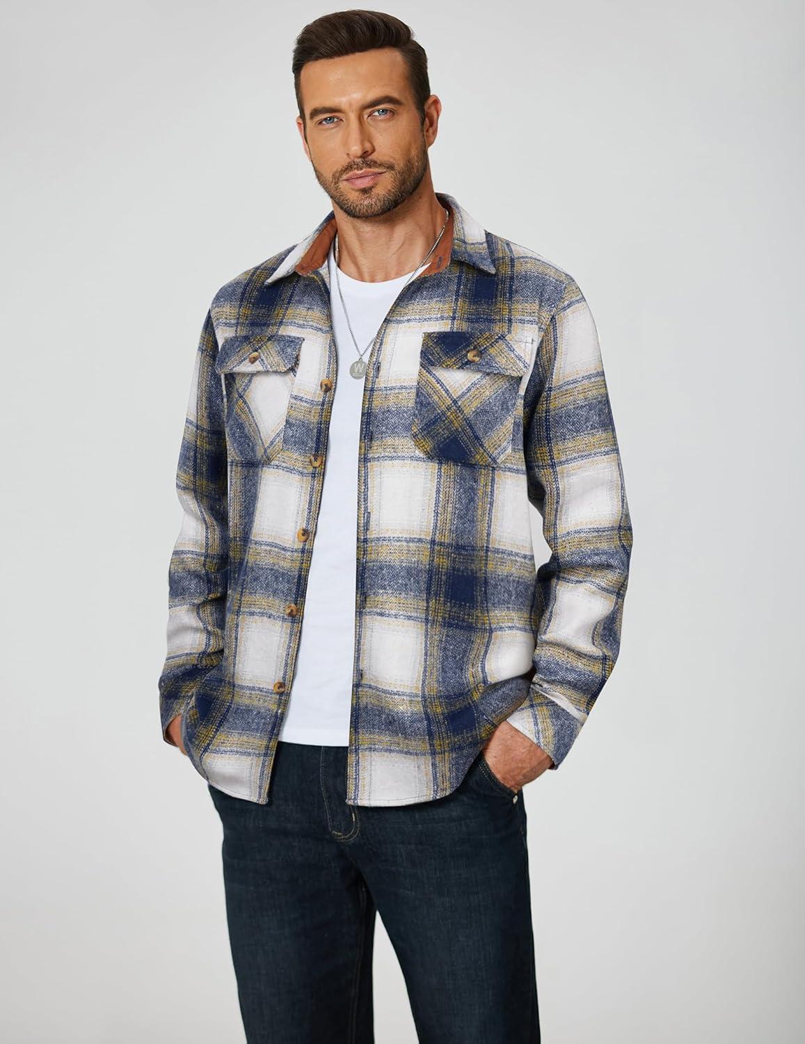 imageCOOFANDY Mens Long Sleeve Flannel Shirts Fashion Plaid Jacket Casual Button Down Shirt with PocketsBlue Yellowline