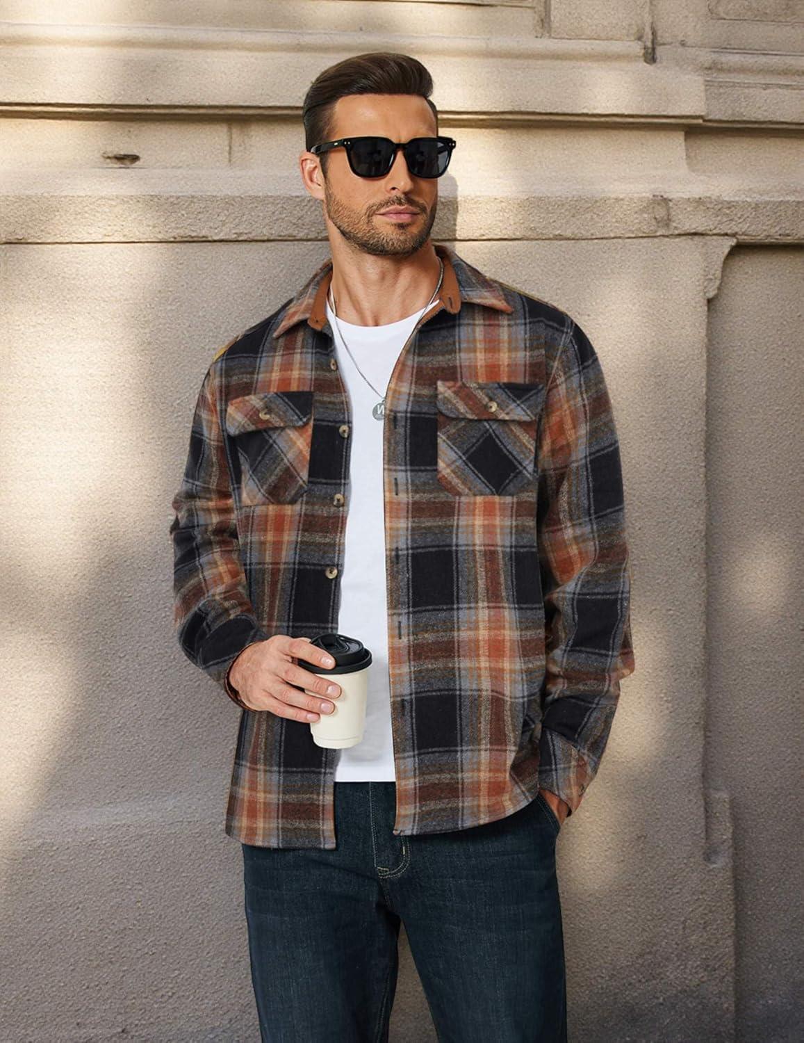 imageCOOFANDY Mens Long Sleeve Flannel Shirts Fashion Plaid Jacket Casual Button Down Shirt with PocketsBrown