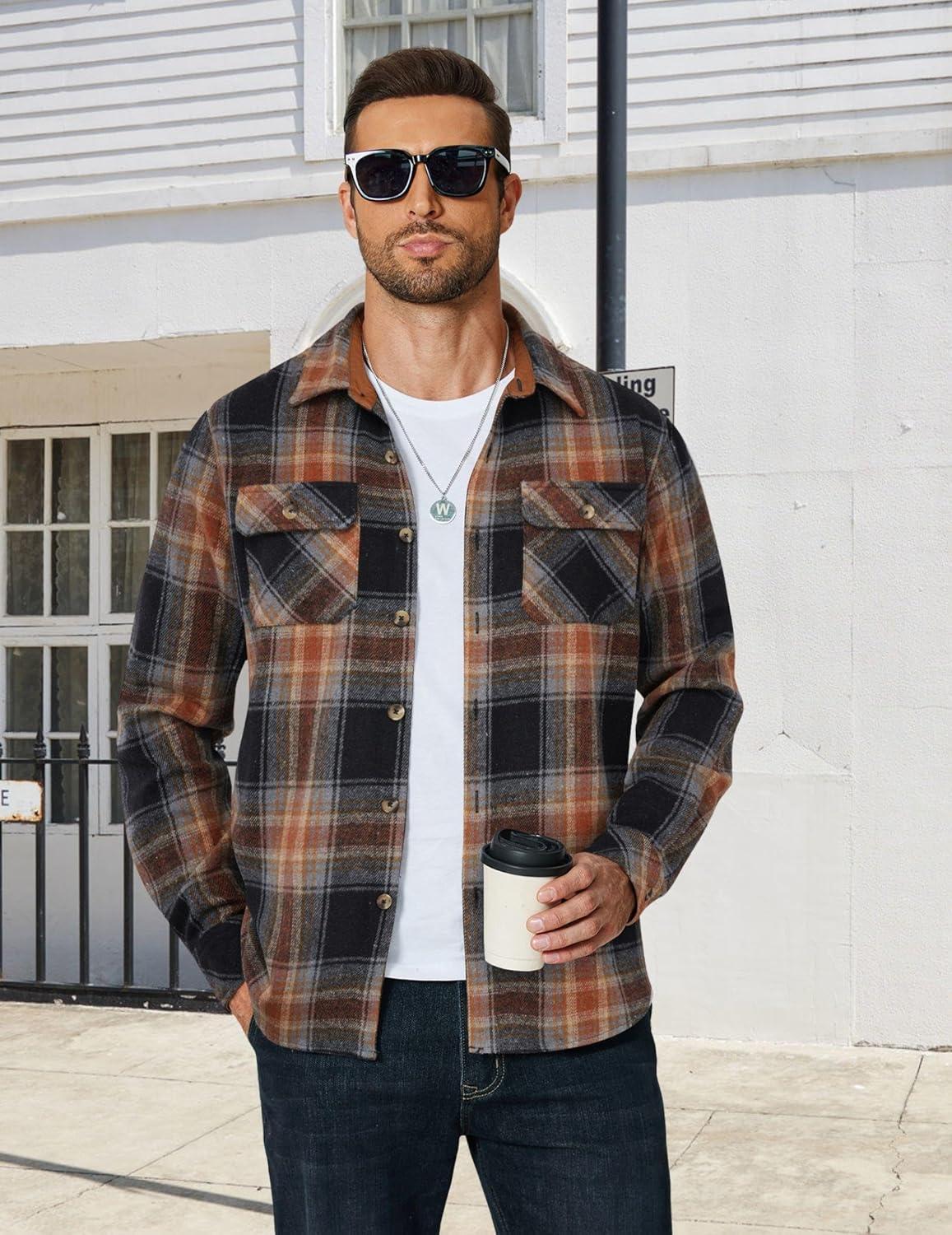 imageCOOFANDY Mens Long Sleeve Flannel Shirts Fashion Plaid Jacket Casual Button Down Shirt with PocketsBrown