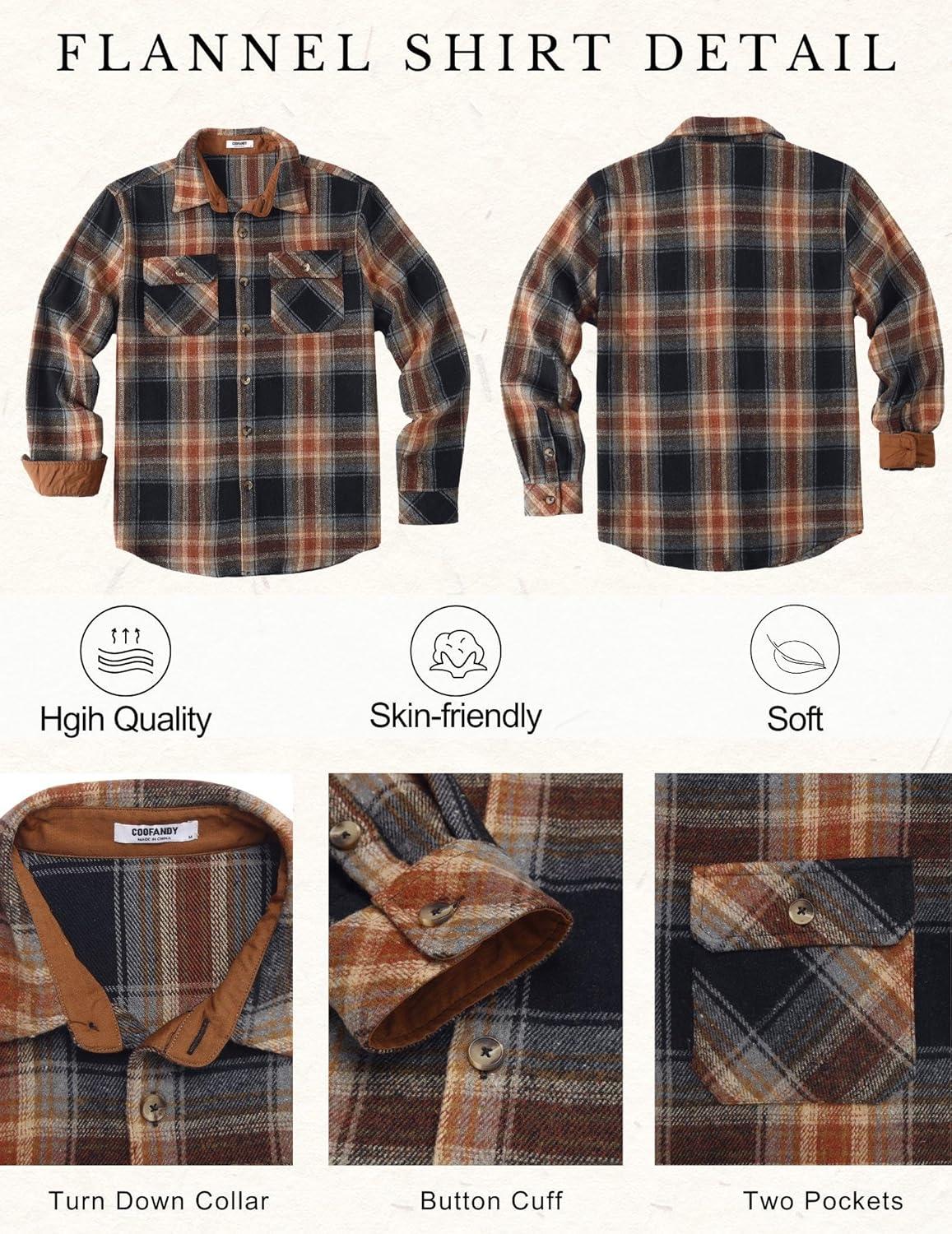 imageCOOFANDY Mens Long Sleeve Flannel Shirts Fashion Plaid Jacket Casual Button Down Shirt with PocketsBrown