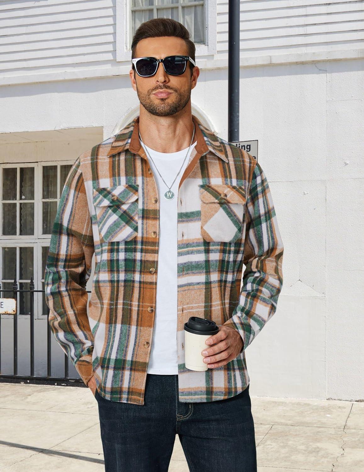 imageCOOFANDY Mens Long Sleeve Flannel Shirts Fashion Plaid Jacket Casual Button Down Shirt with PocketsGreen