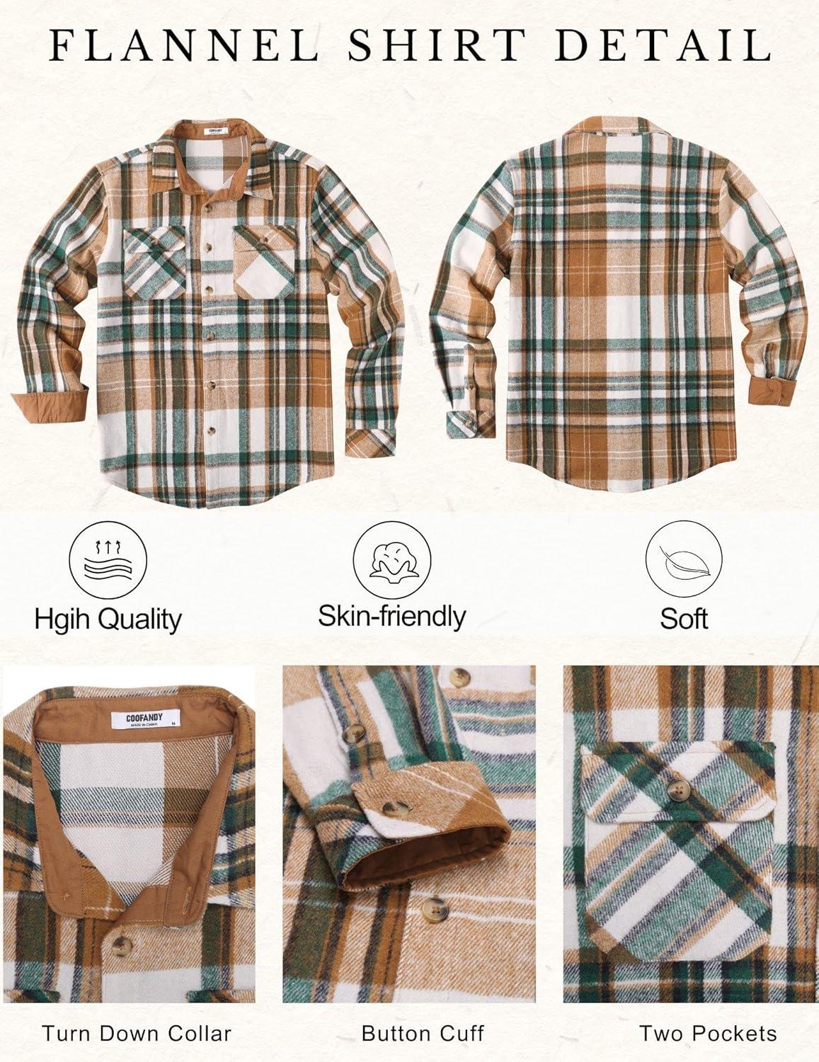 imageCOOFANDY Mens Long Sleeve Flannel Shirts Fashion Plaid Jacket Casual Button Down Shirt with PocketsGreen