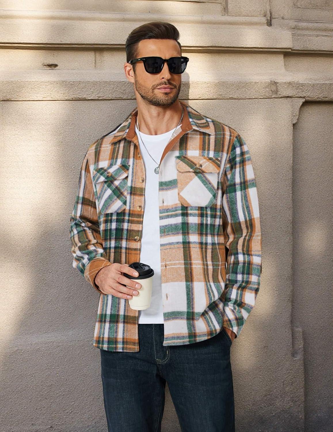 imageCOOFANDY Mens Long Sleeve Flannel Shirts Fashion Plaid Jacket Casual Button Down Shirt with PocketsGreen