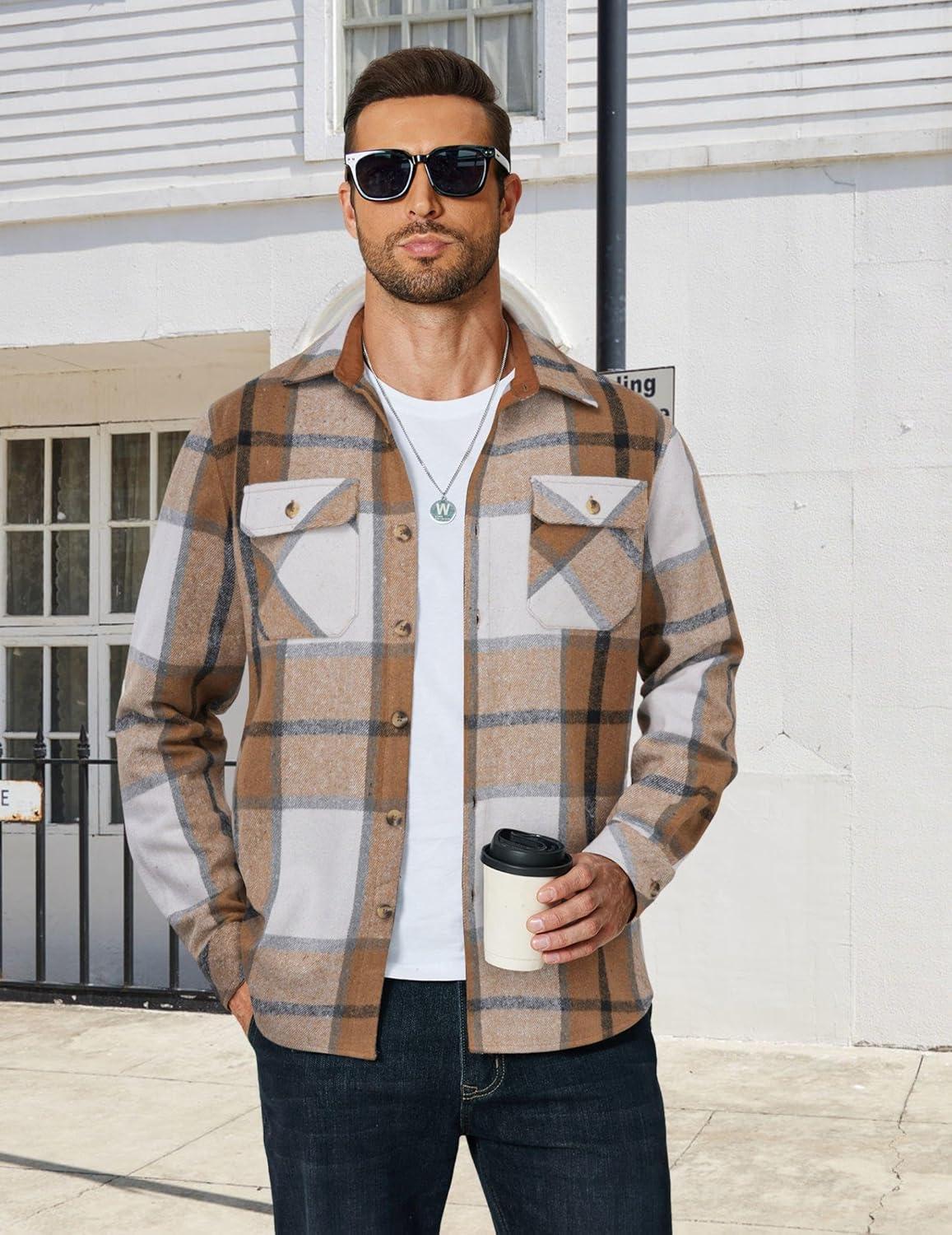 imageCOOFANDY Mens Long Sleeve Flannel Shirts Fashion Plaid Jacket Casual Button Down Shirt with PocketsKhaki