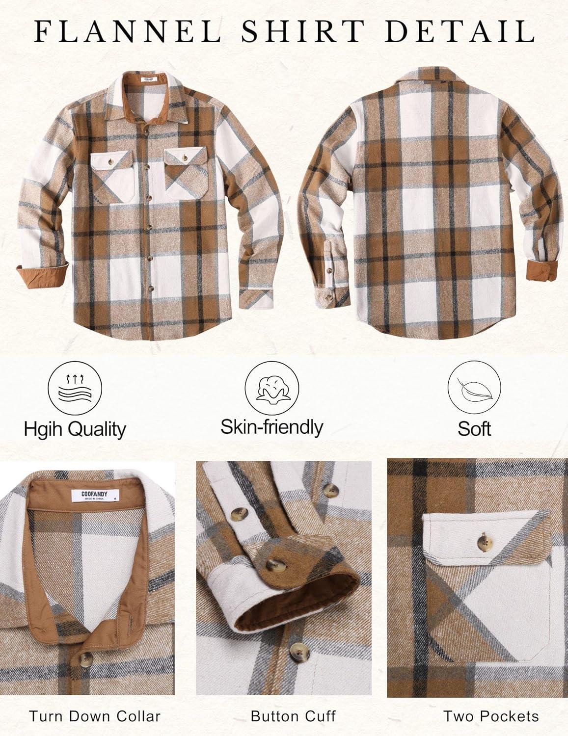 imageCOOFANDY Mens Long Sleeve Flannel Shirts Fashion Plaid Jacket Casual Button Down Shirt with PocketsKhaki