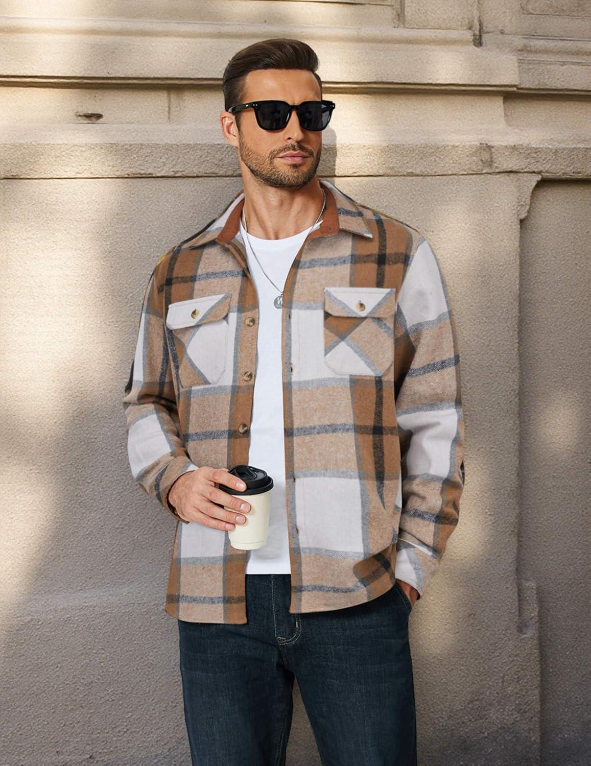 imageCOOFANDY Mens Long Sleeve Flannel Shirts Fashion Plaid Jacket Casual Button Down Shirt with PocketsKhaki