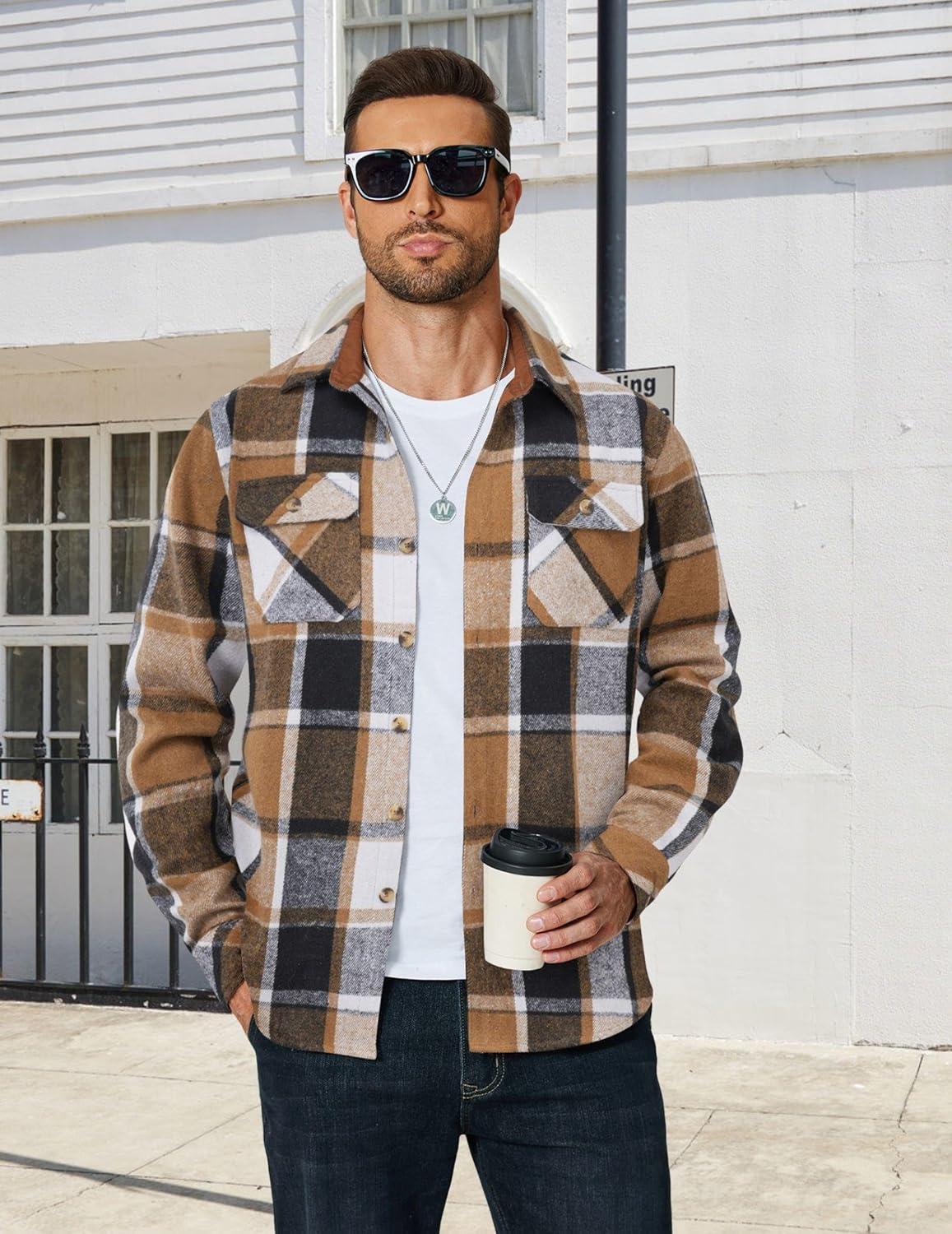 imageCOOFANDY Mens Long Sleeve Flannel Shirts Fashion Plaid Jacket Casual Button Down Shirt with PocketsKhakiblack