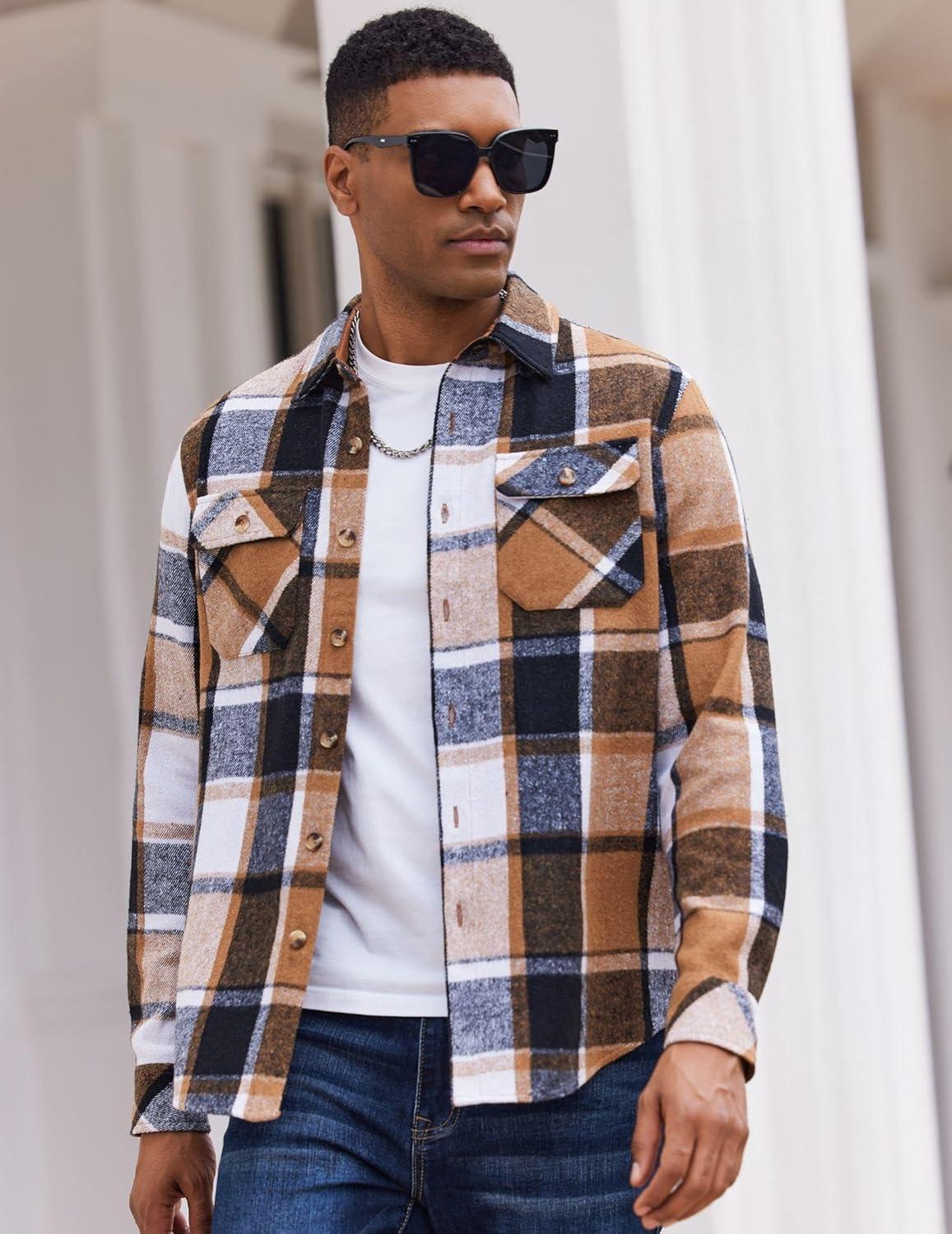 imageCOOFANDY Mens Long Sleeve Flannel Shirts Fashion Plaid Jacket Casual Button Down Shirt with PocketsKhakiblack