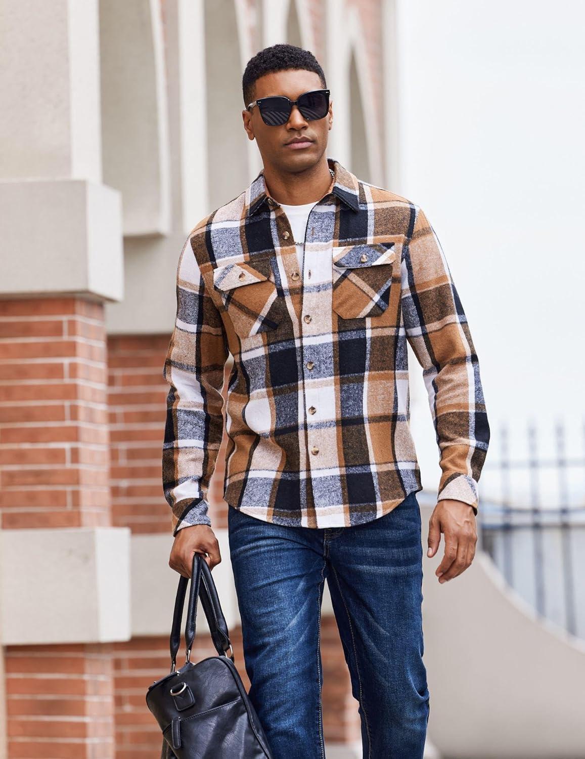 imageCOOFANDY Mens Long Sleeve Flannel Shirts Fashion Plaid Jacket Casual Button Down Shirt with PocketsKhakiblack
